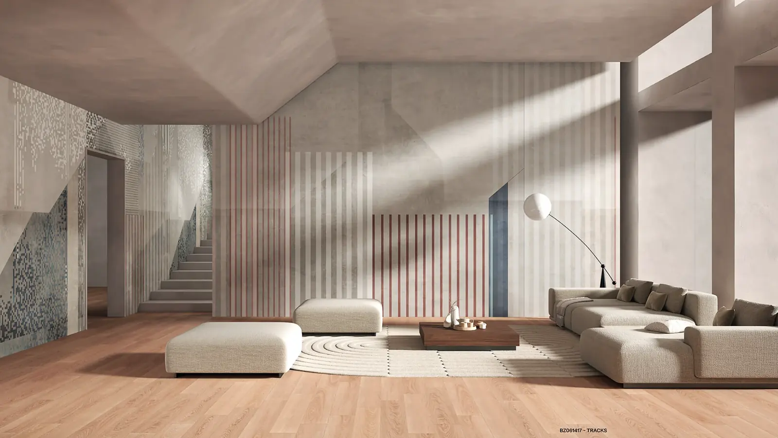 Tracks wallcovering installed in a contemporary architectural living room