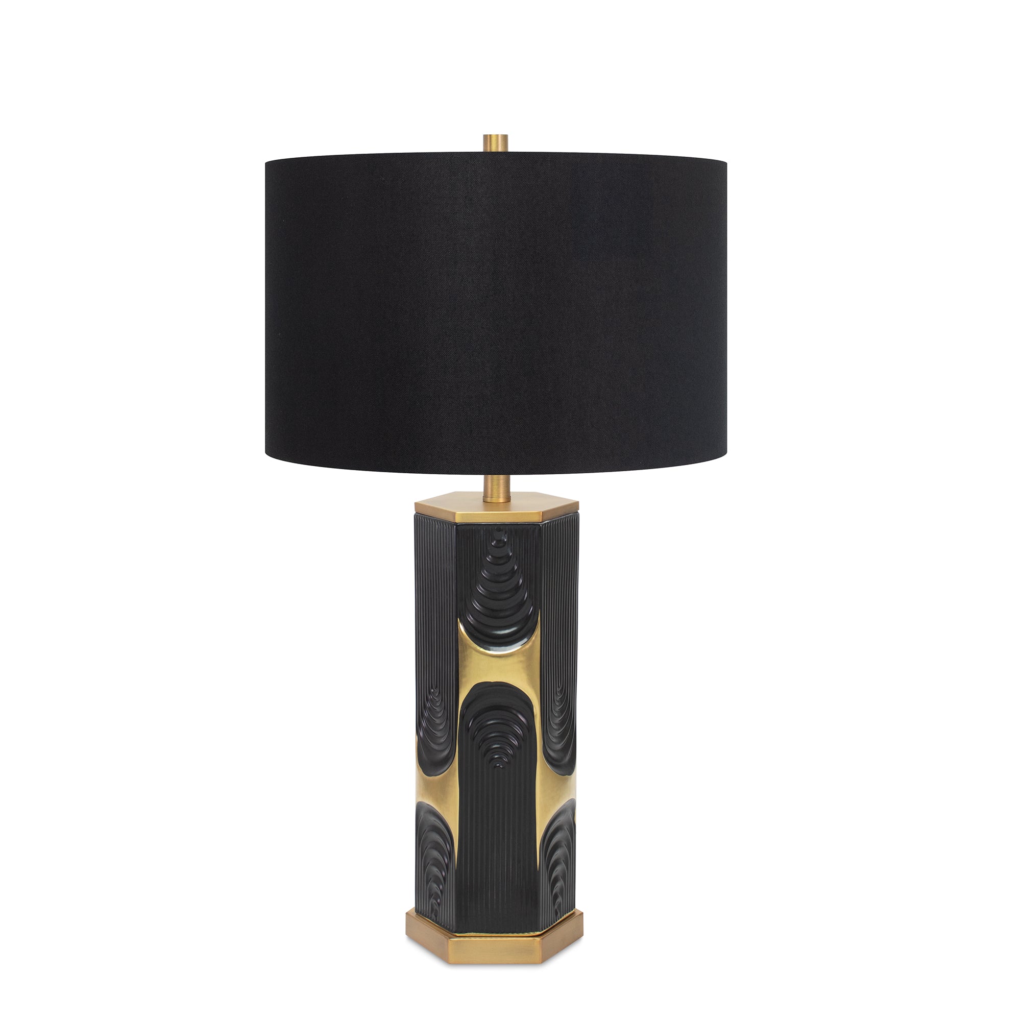 Couture Black and Gold Hex Drape Table Lamp- with 17x17x11 Black Linen Shade