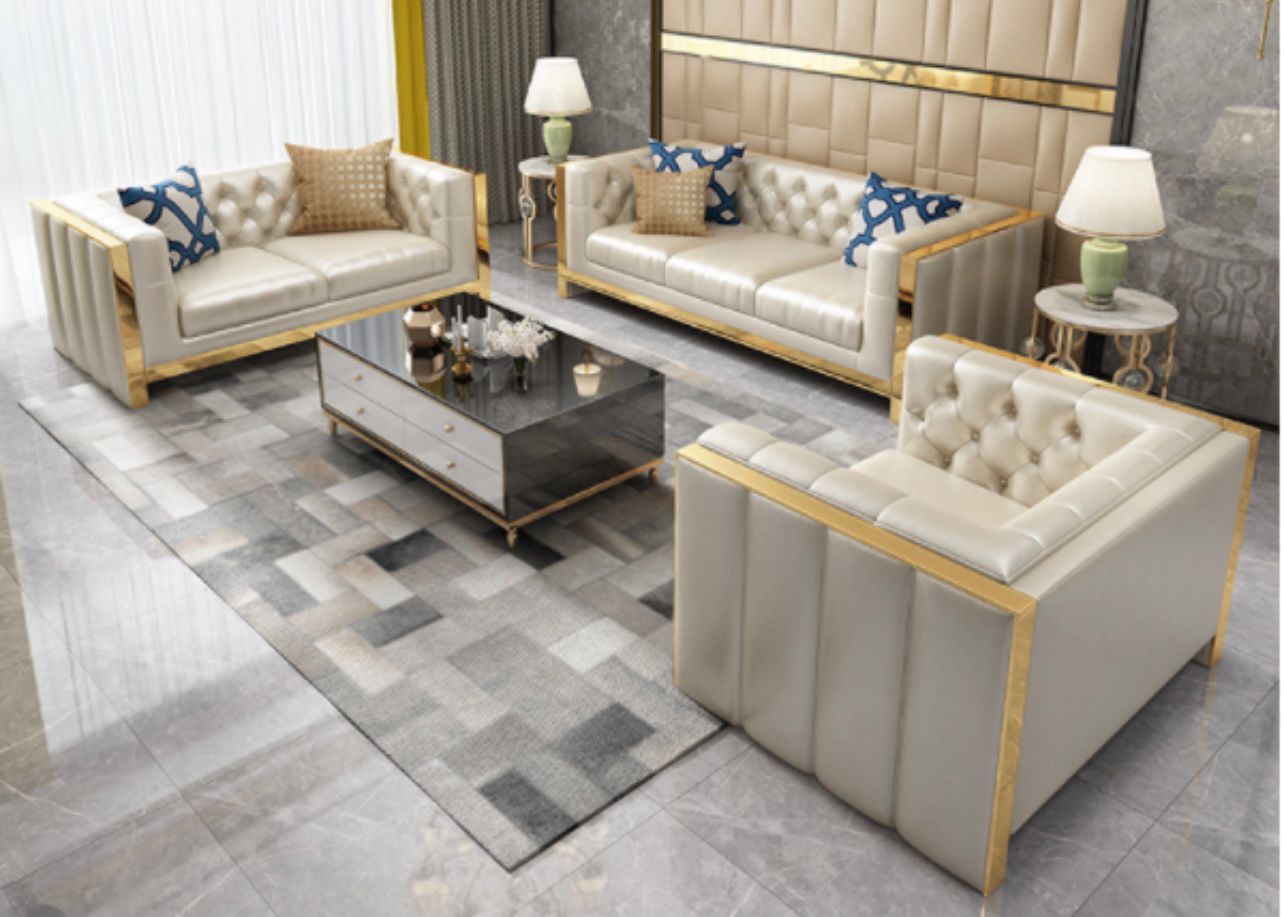 Cream with Gold Trim Living Room Set