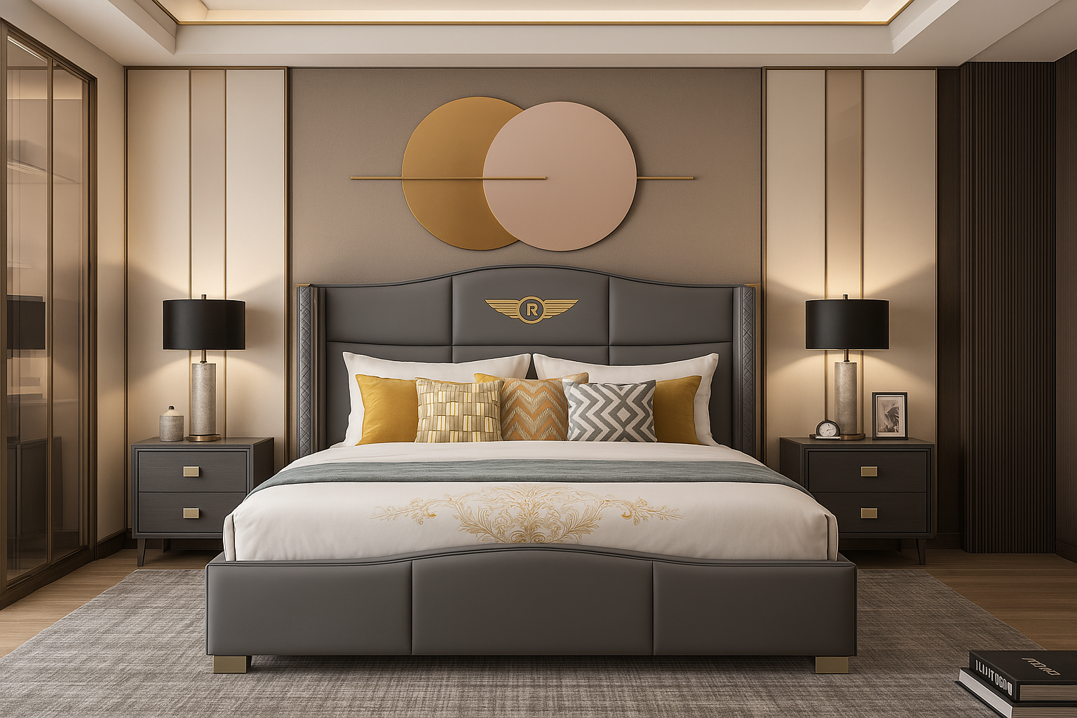 Gray leather Titanium Gold Trim Bed