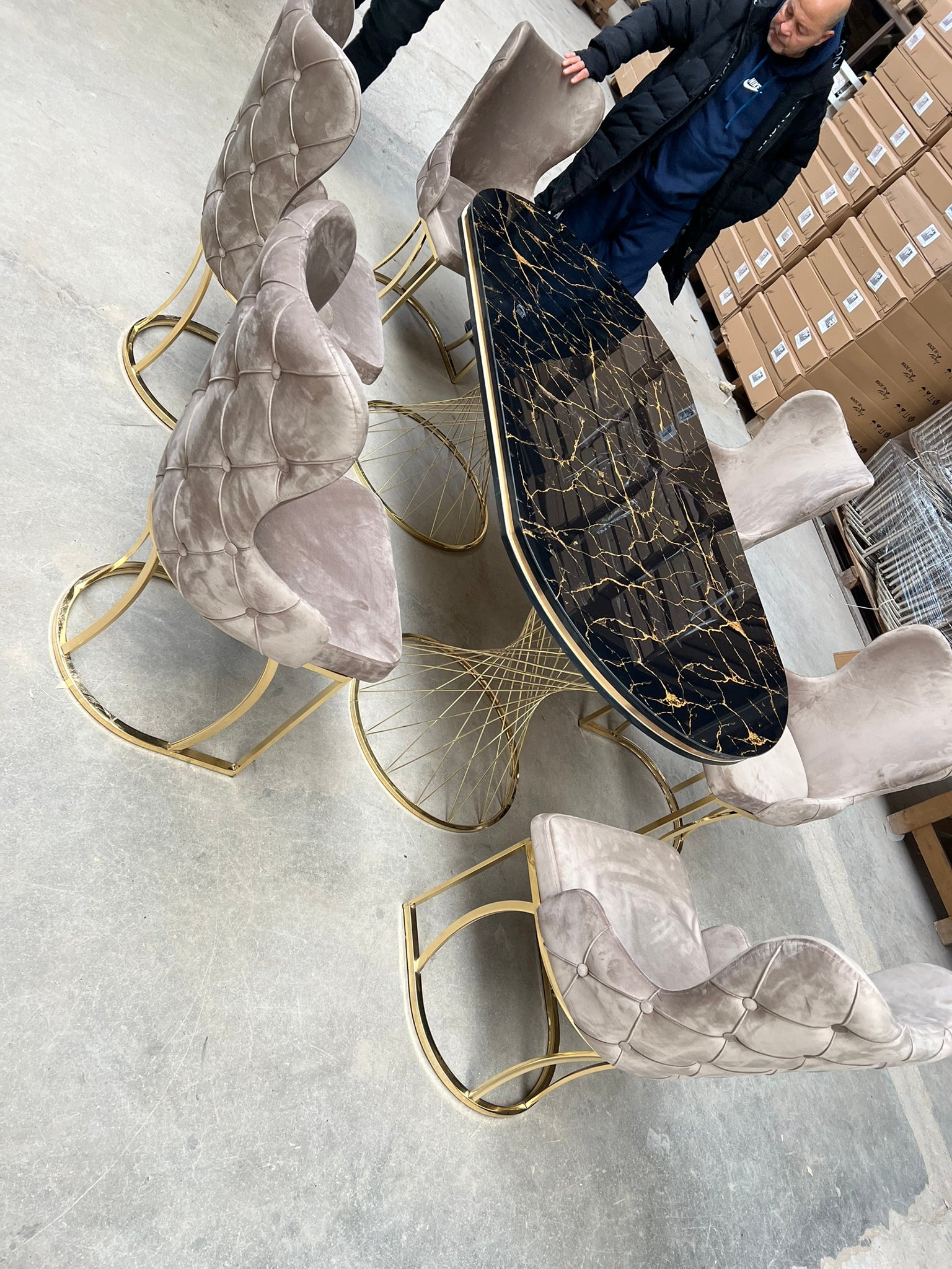 G-ES064 White Oval Glass Gray Marble Dining Set - Image 3