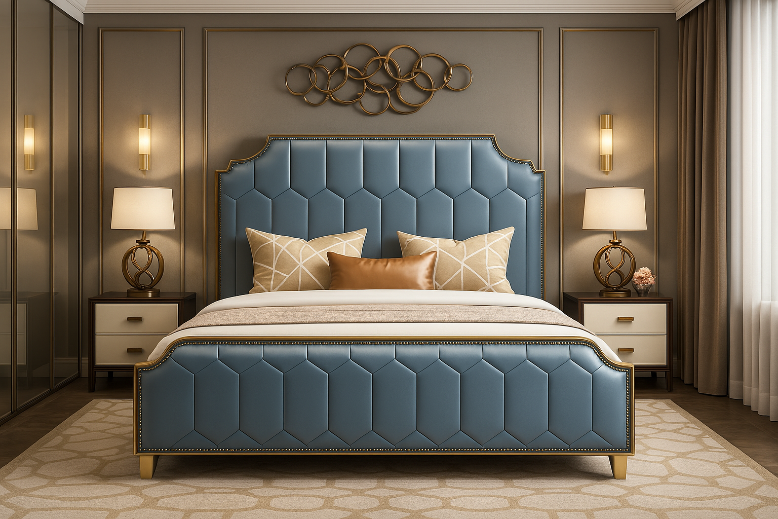 Blue Leather and Gold steel Bed Frame