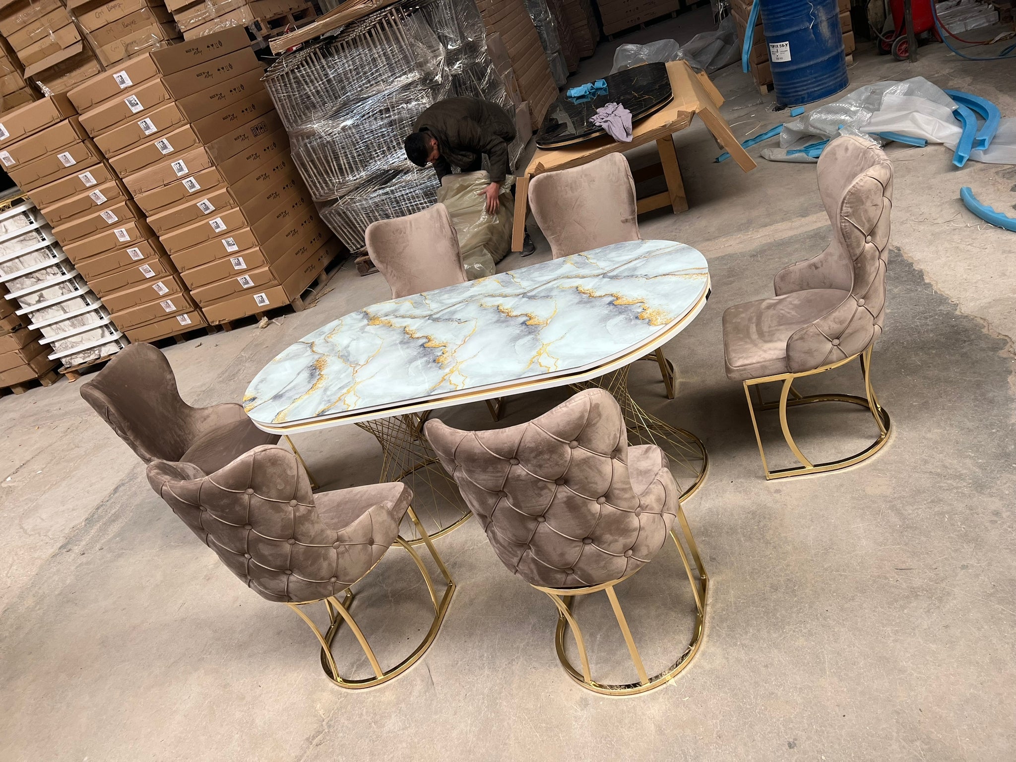 G-ES064 White Oval Glass Gray Marble Dining Set