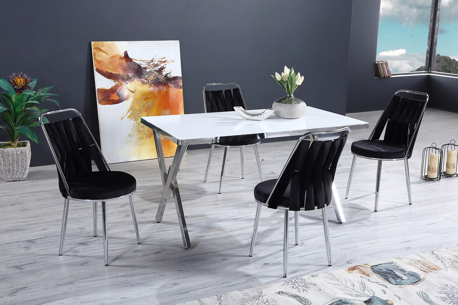 G-ES015 White Top Table & Black Chair Dining set