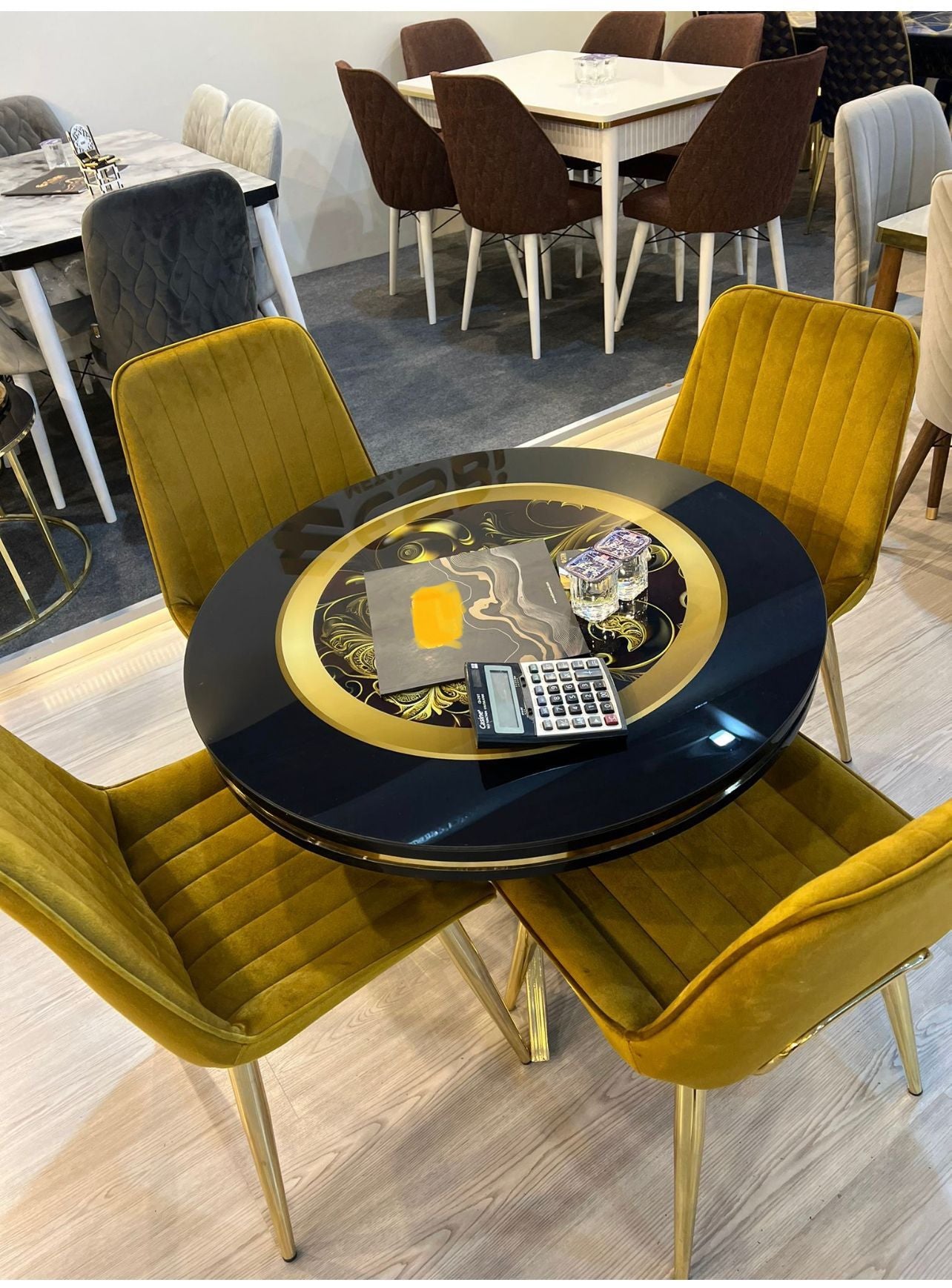 G-ES060 Mustard Yellow Oval Glass Dining Set