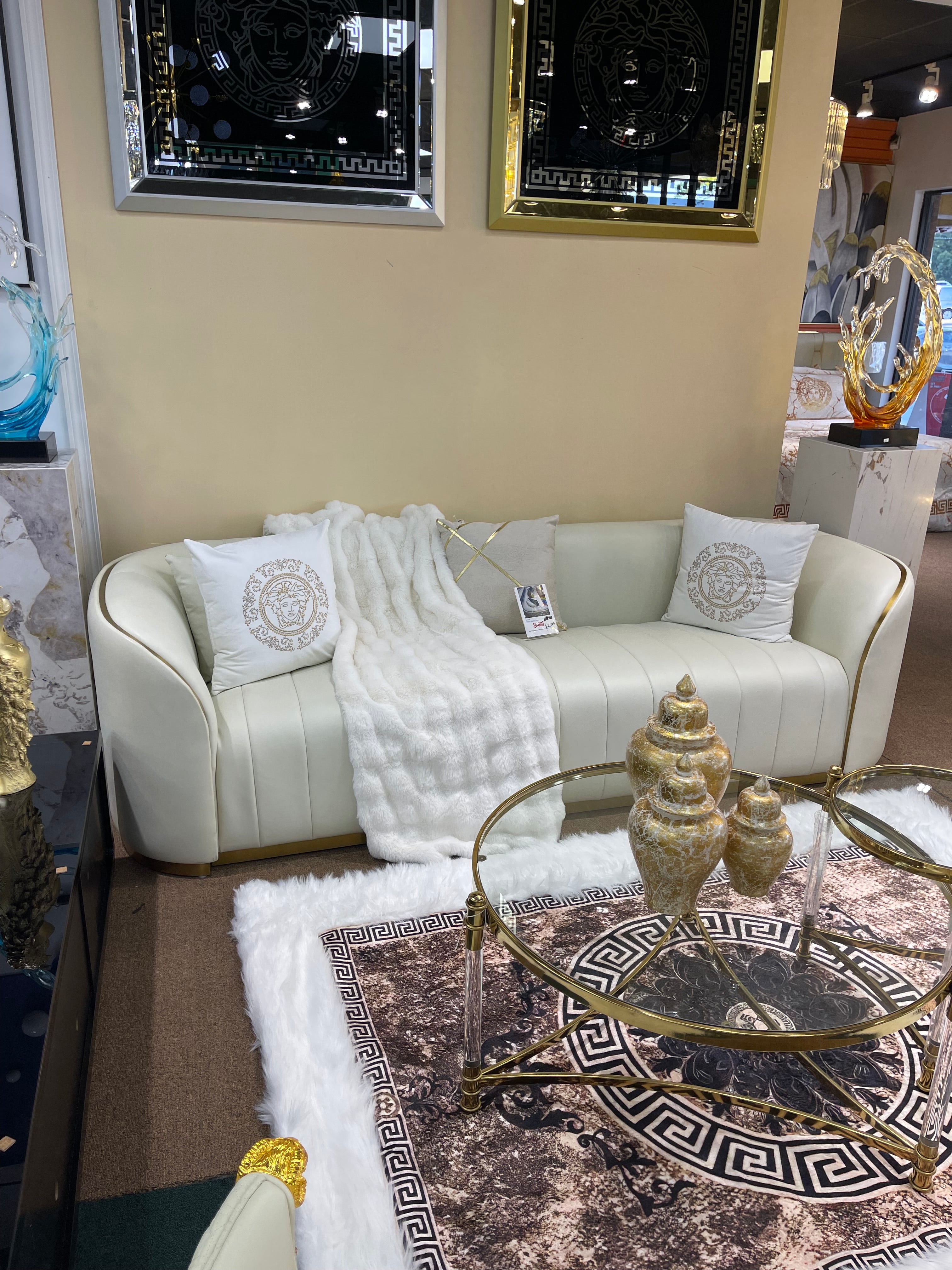 Upgrade Your Living Room with Off-White/Cream Genuine Leather Settee | Titanium Gold Trim | Comfortable Sofa & Armchair - Image 6