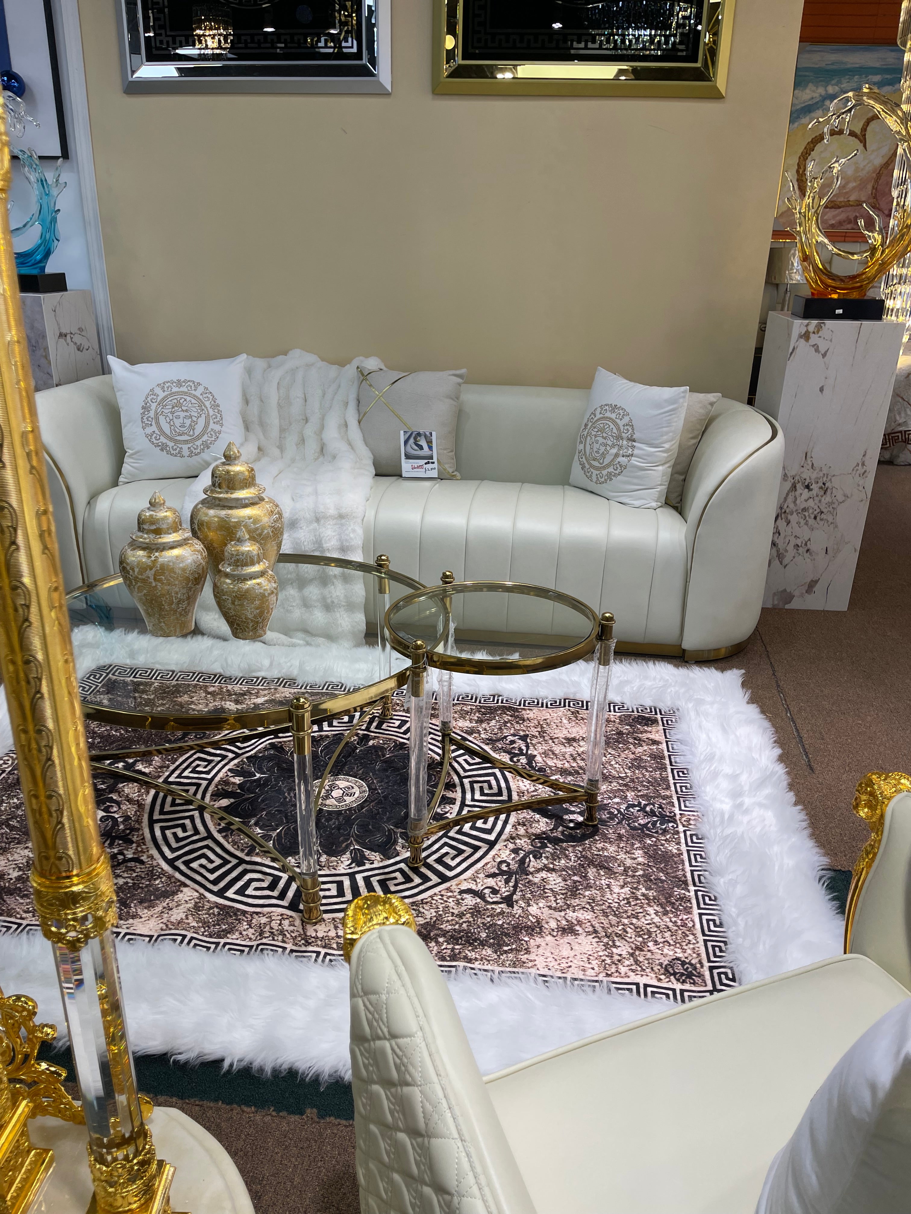 Upgrade Your Living Room with Off-White/Cream Genuine Leather Settee | Titanium Gold Trim | Comfortable Sofa & Armchair - Image 5