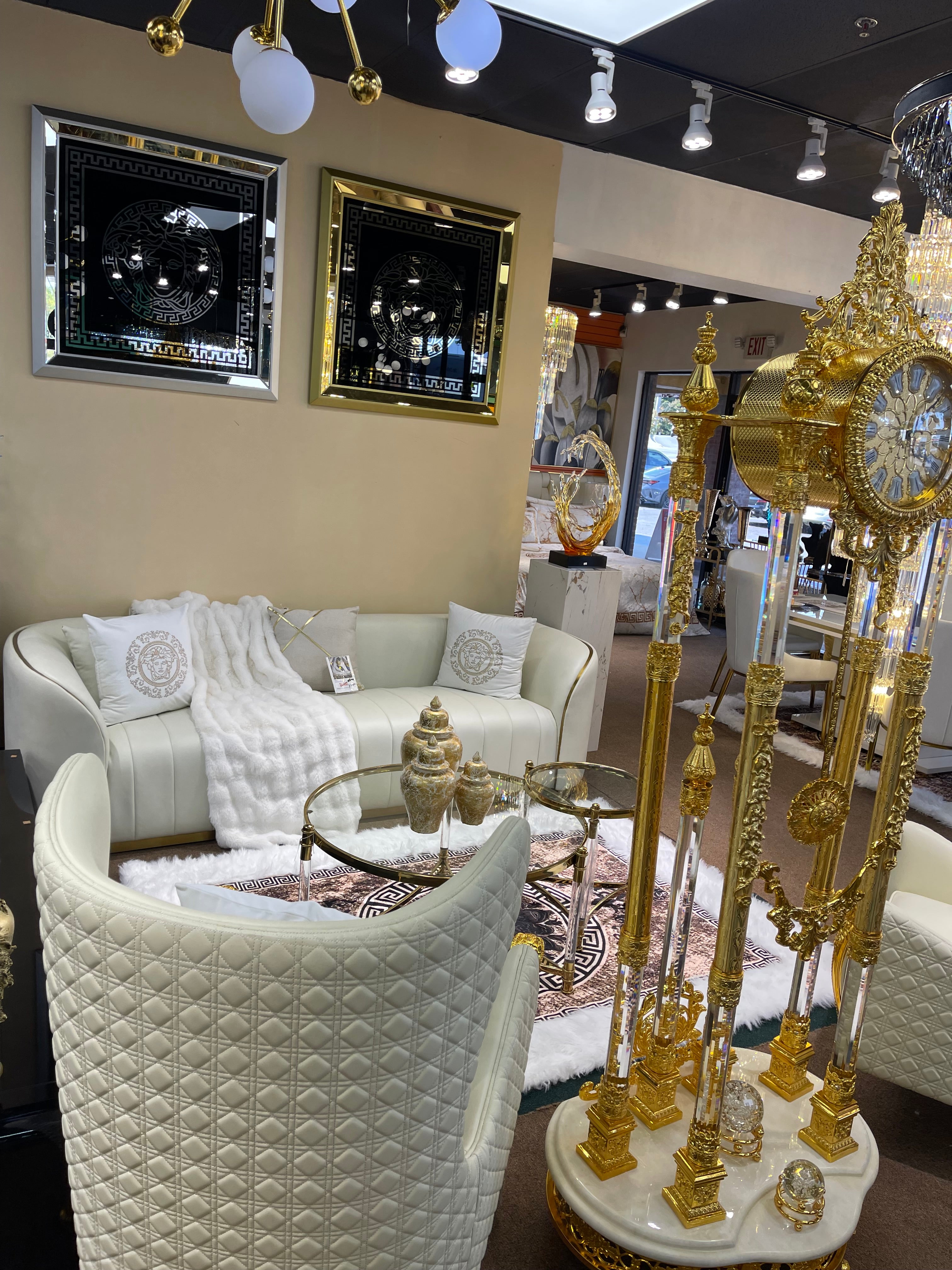 Upgrade Your Living Room with Off-White/Cream Genuine Leather Settee | Titanium Gold Trim | Comfortable Sofa & Armchair - Image 2