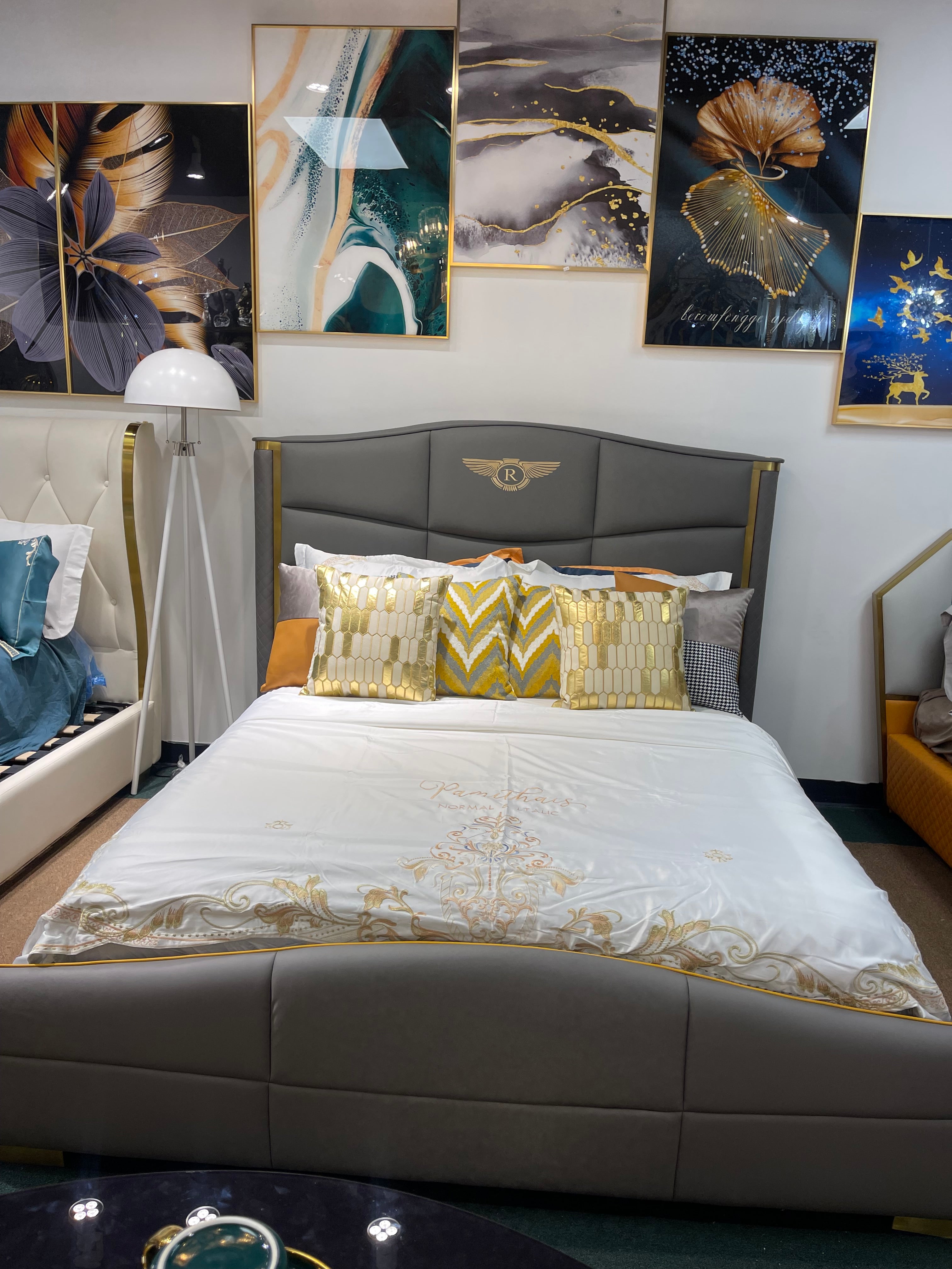 Gray leather Titanium Gold Trim Bed - Image 2