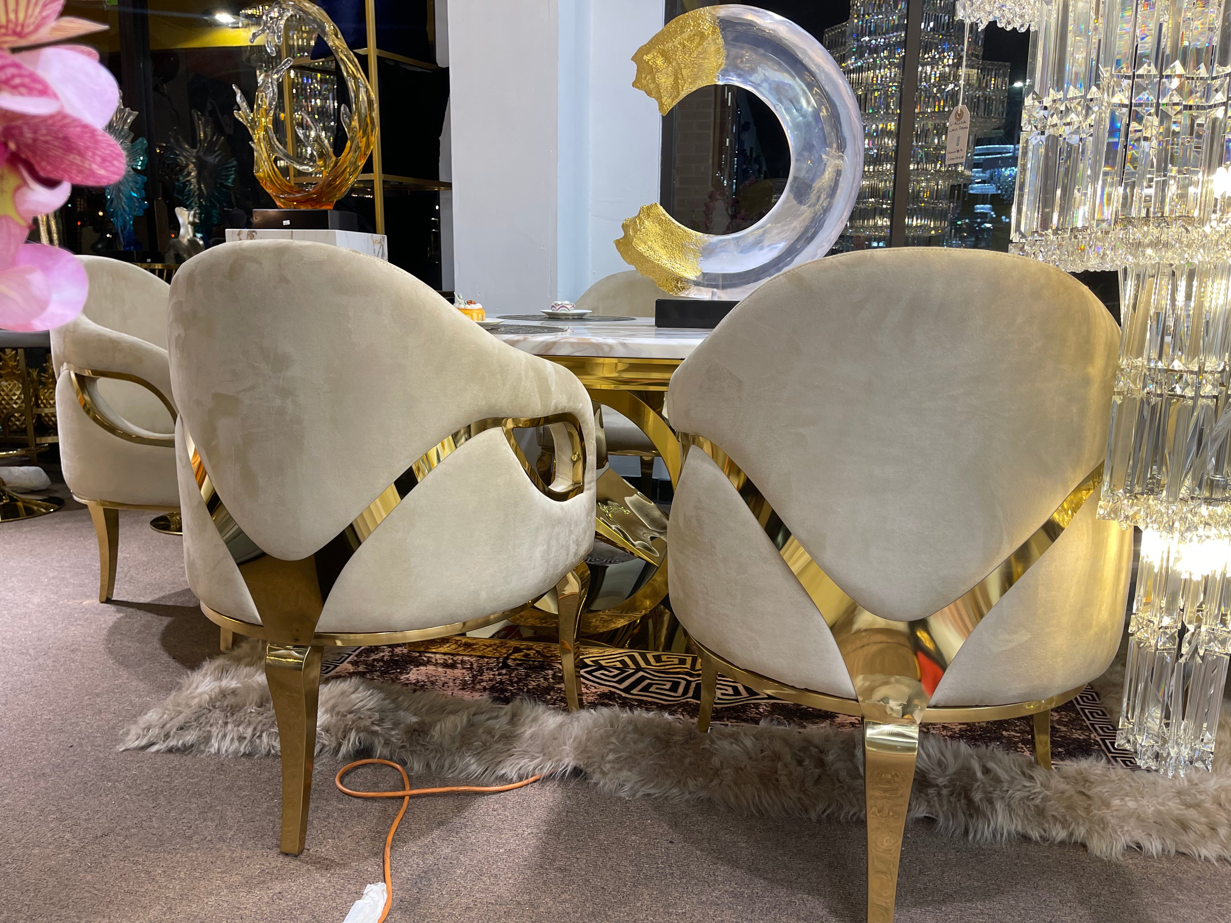 White Benz Modern Marble Dining Table & 6 Beige Chair Settee - Image 6