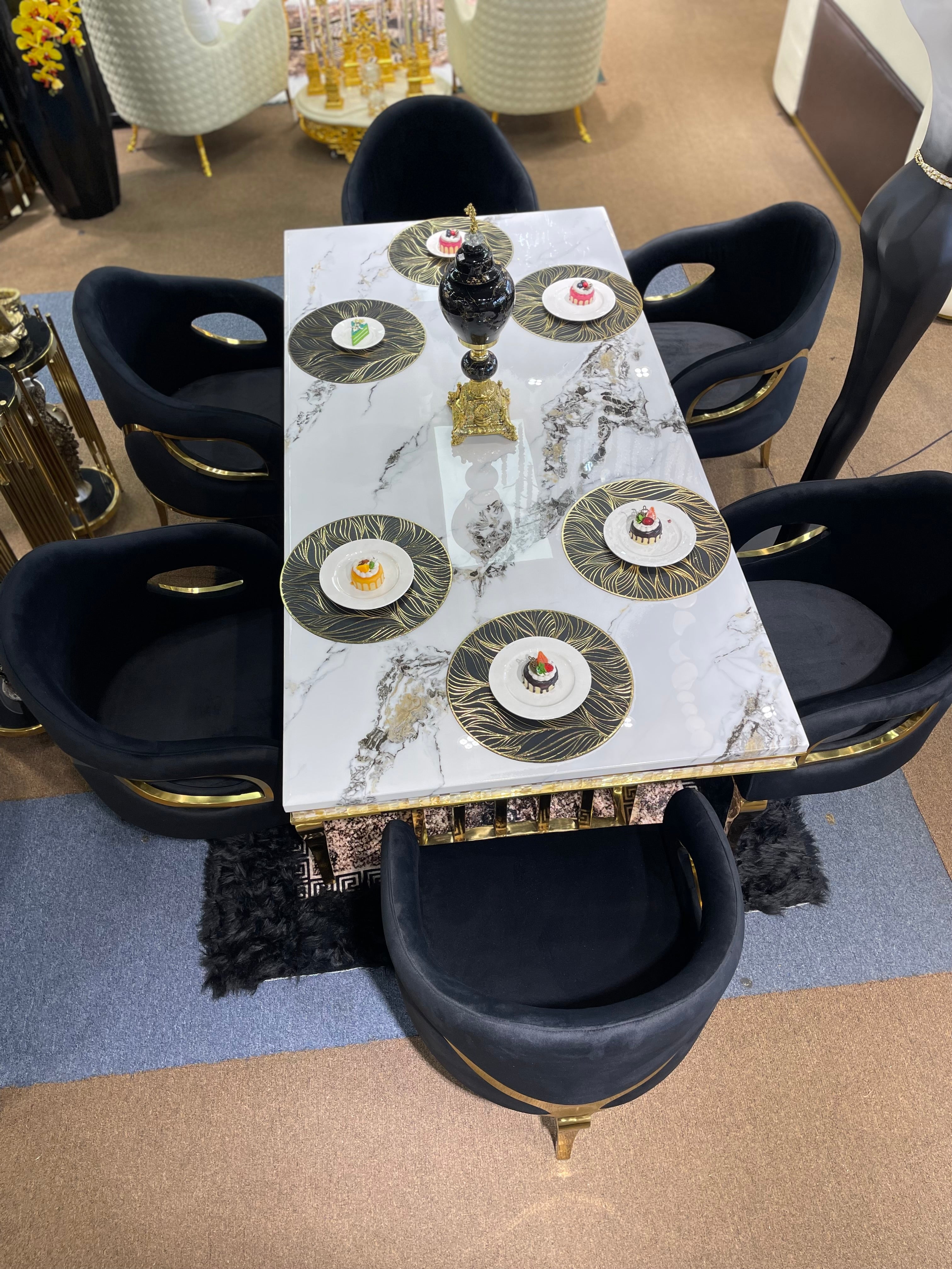 White Modern Marble Dining Table & Black Chair Settee