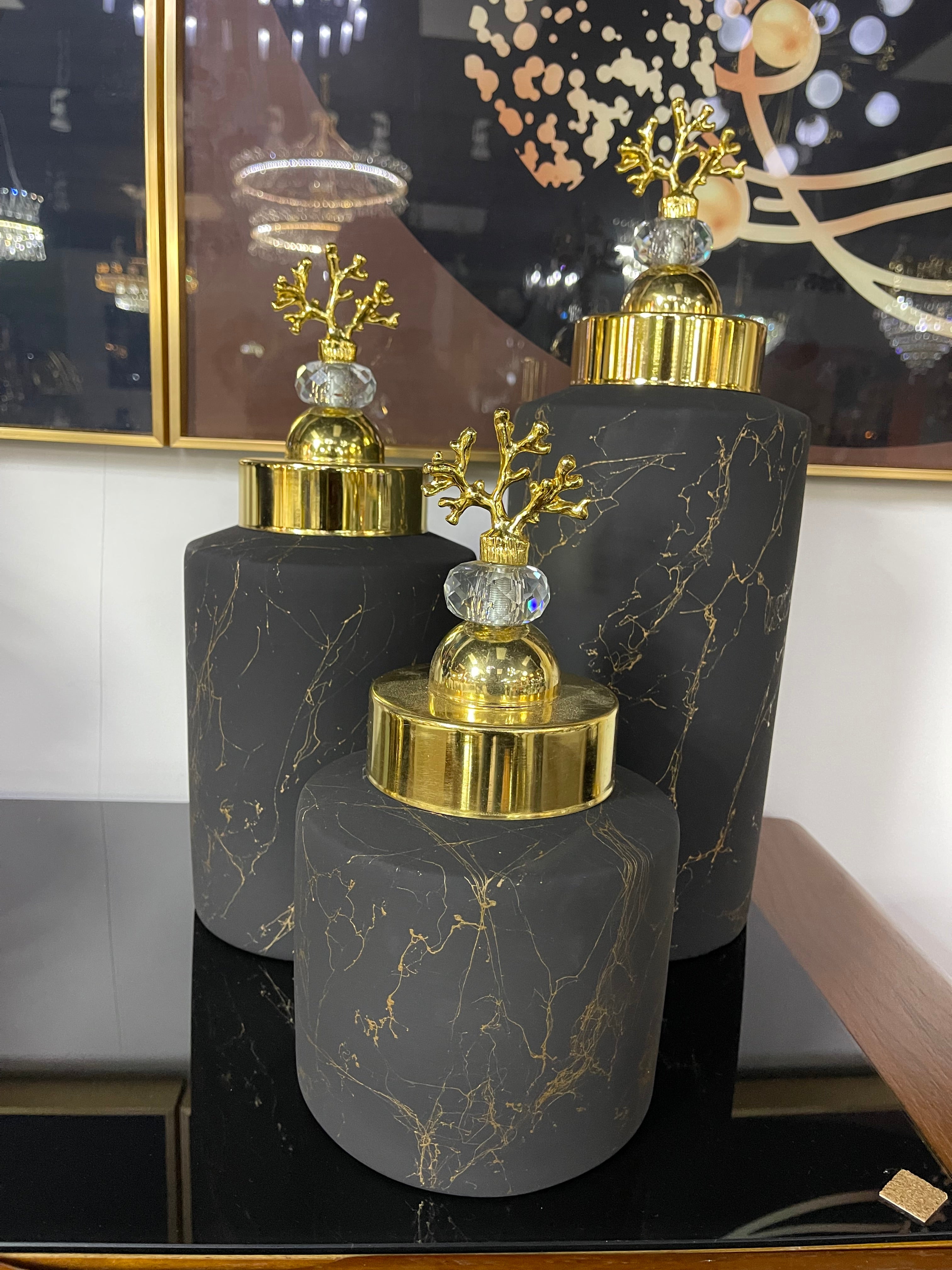 Gold Trim Black Decorative Jar Set
