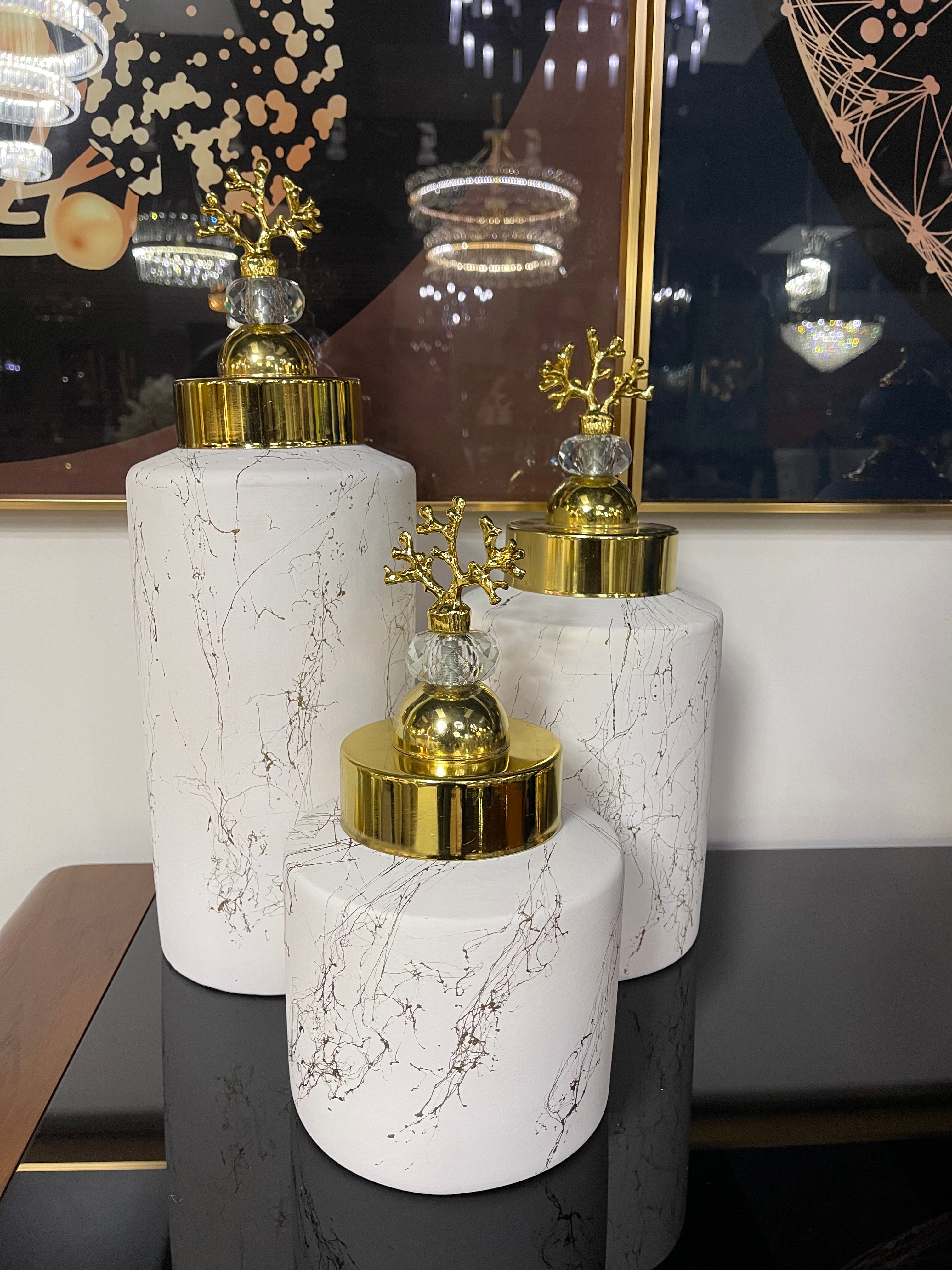 Gold Trim White Decorative Jar Set