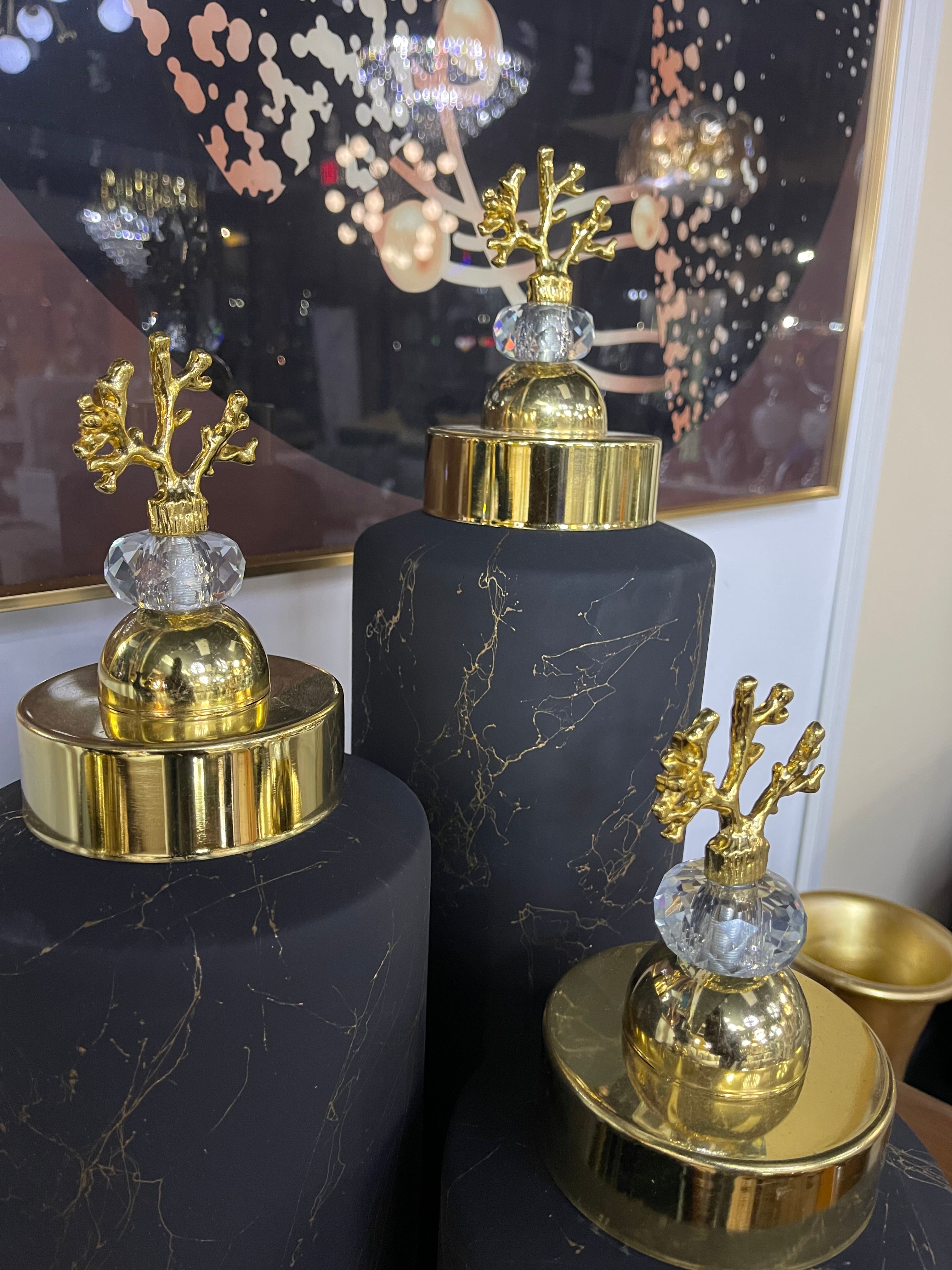 Gold Trim Black Decorative Jar Set - Image 3