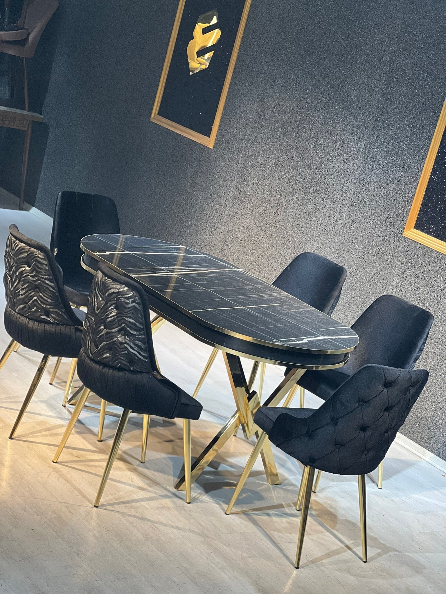 G-ES066 Black Oval Glass Marble Dining Set