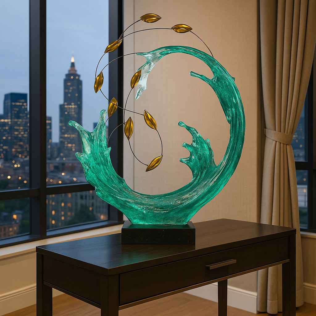 Green Wave Fish Splash Resin Sculpture