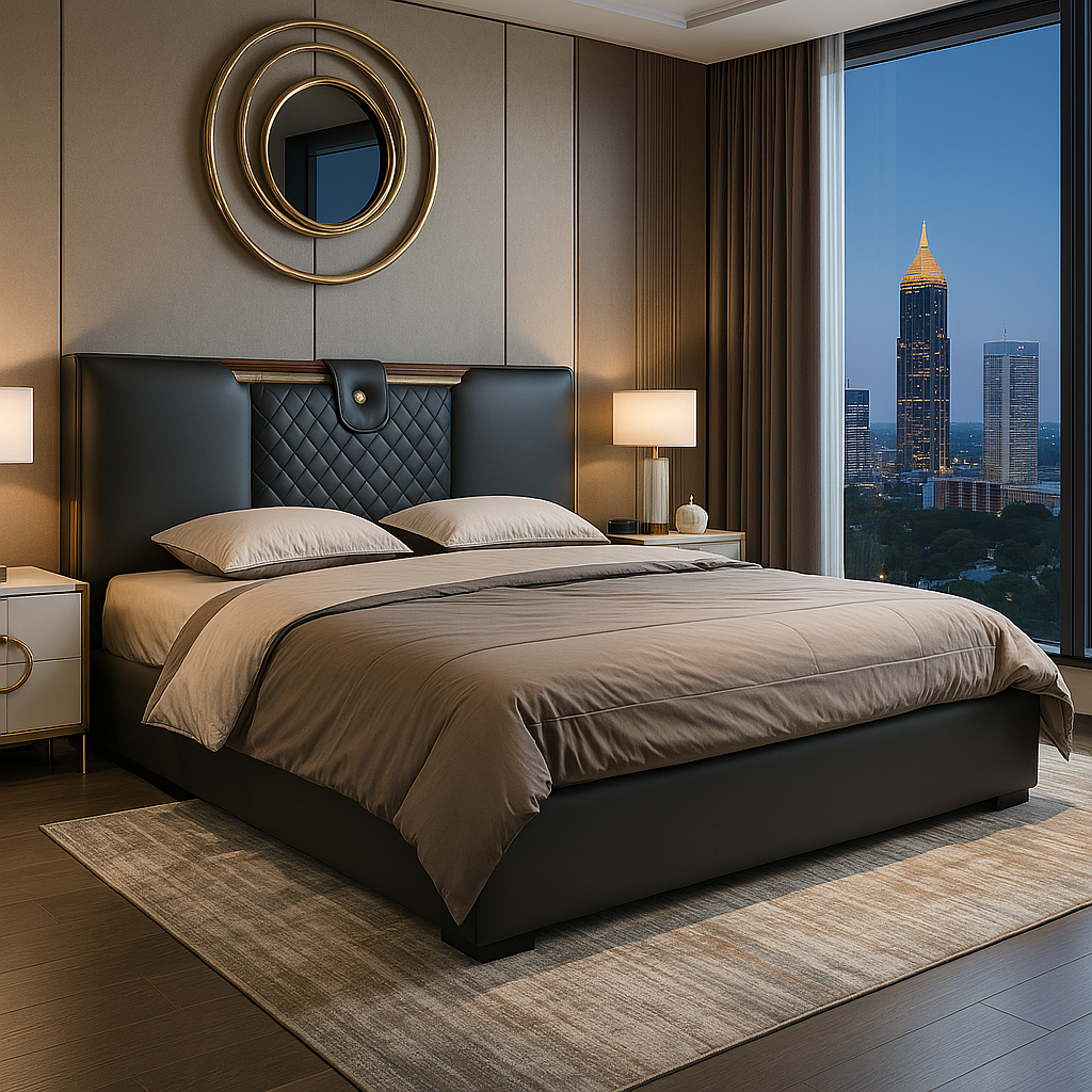 SHADOW LEATHER AND STEEL BED FRAME