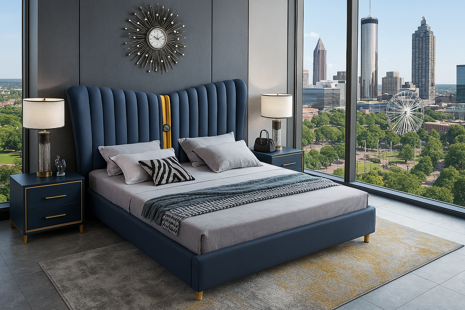 Blue Modern Leather and Titanium Gold Steel Bed