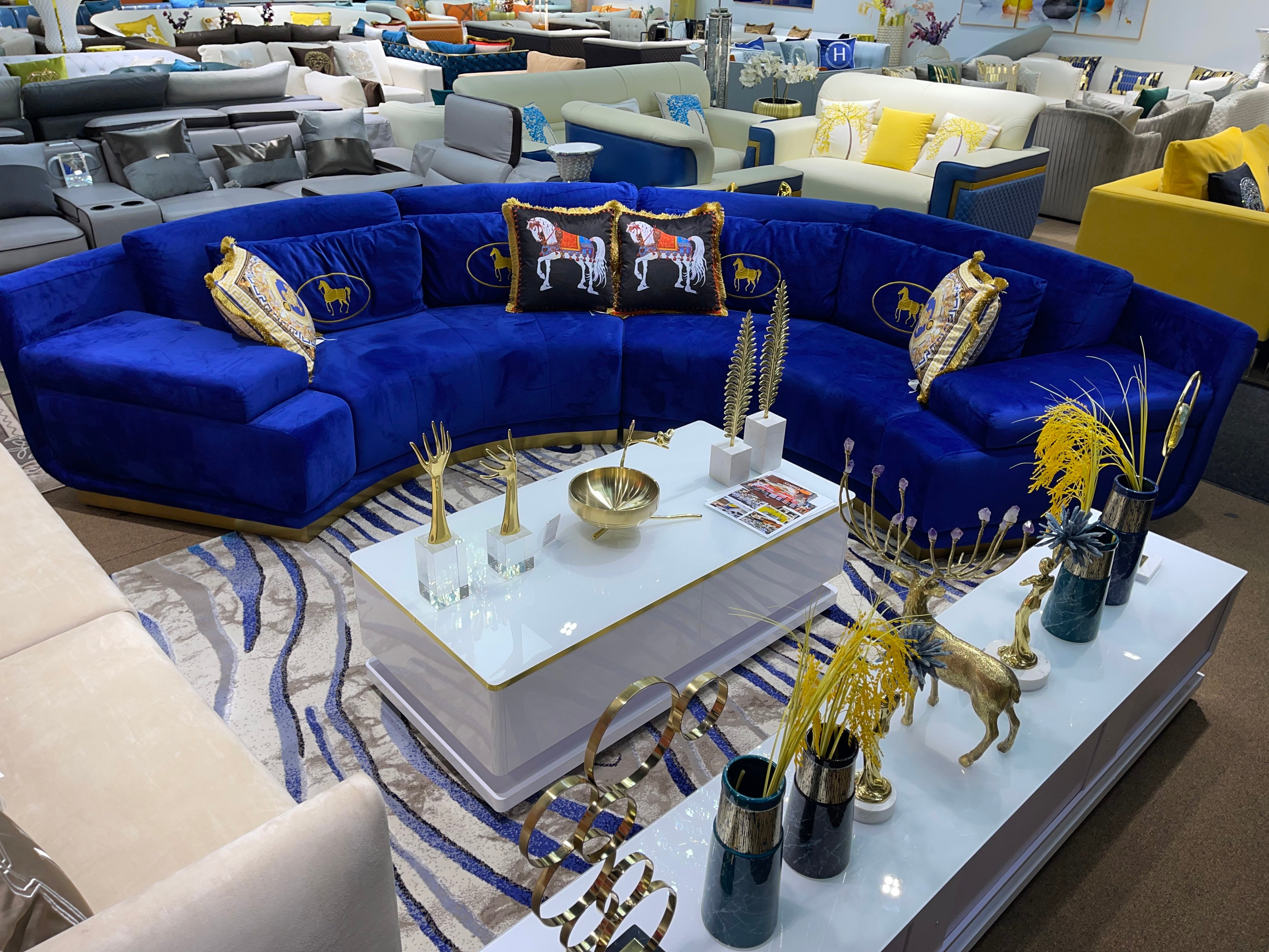 Blue Velvet Boomerang Sofa Sectional - Image 4