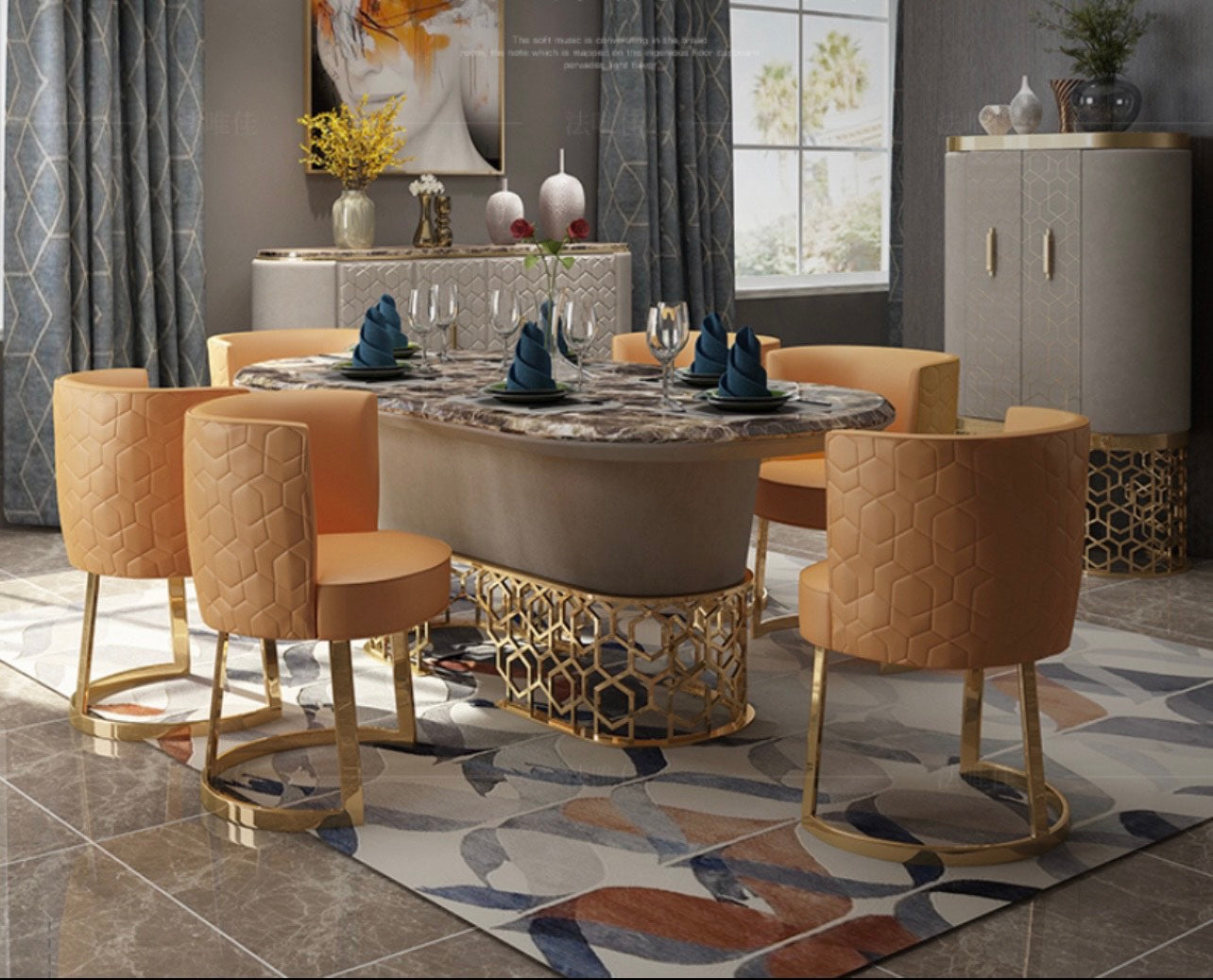 MODERN OVAL MABLE TOP DINING TABLE