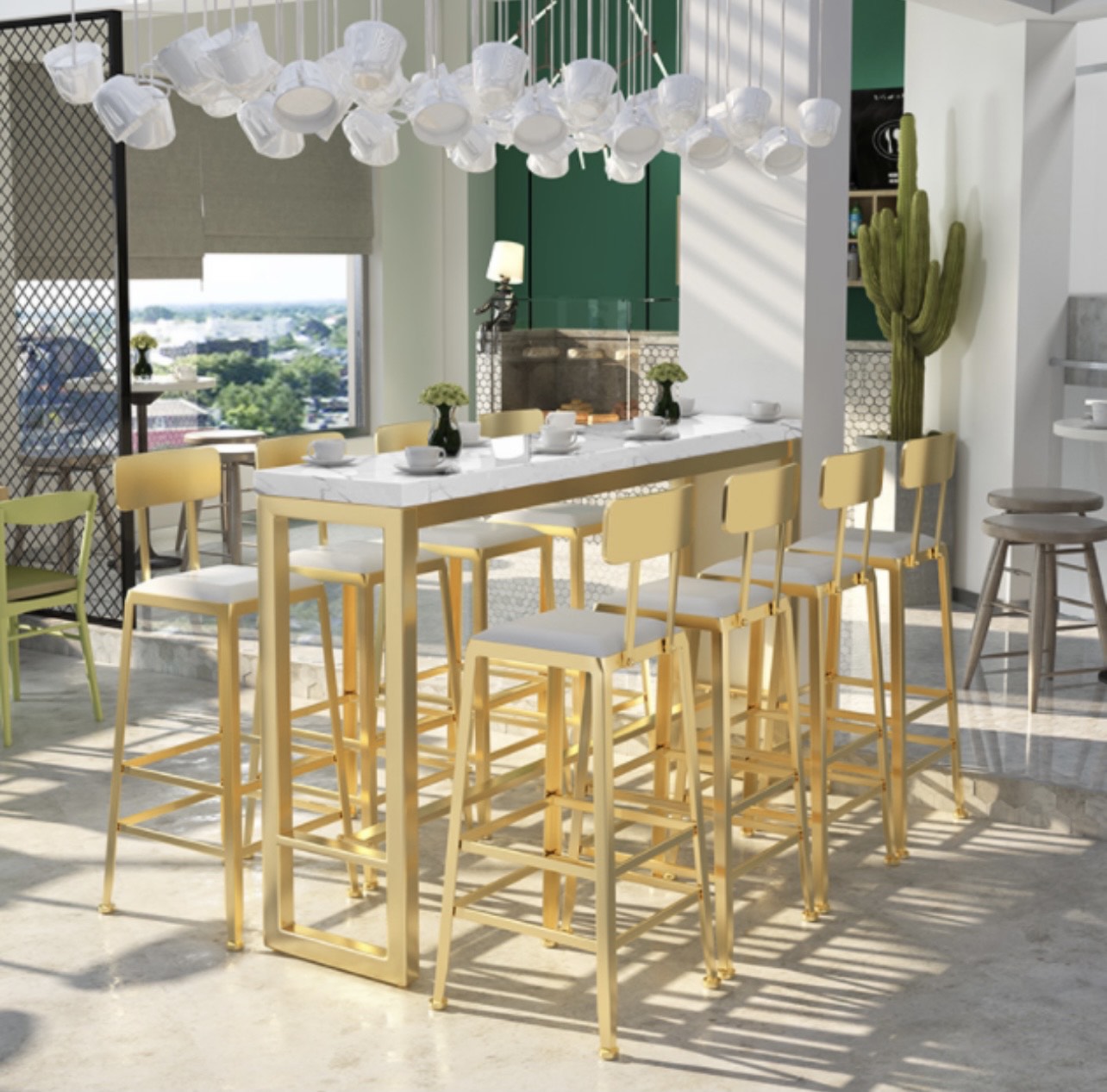 RECTANGULAR MODERN STONE TOP BAR TABLE AND CHAIRS