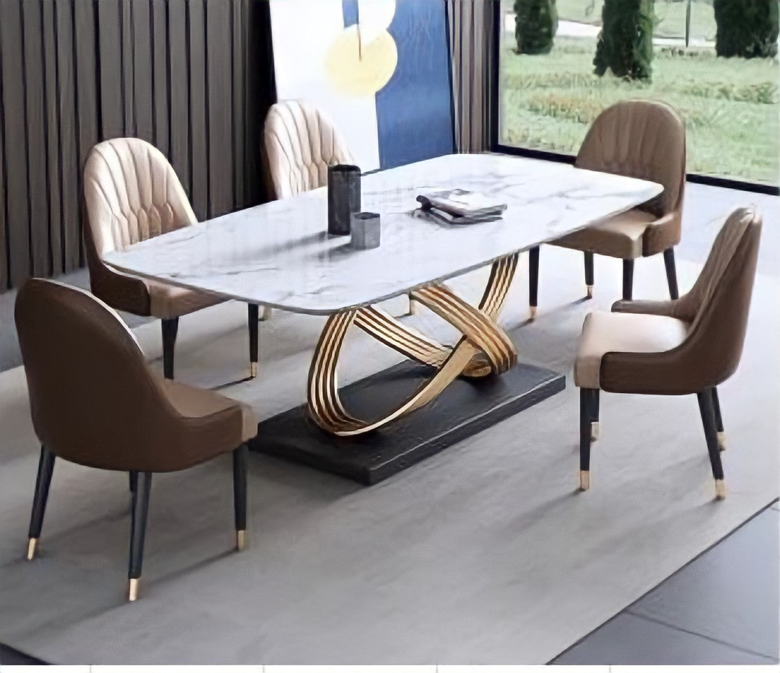 White Marble Top Table with Gold Stainless Steel Legs Dining Room Set