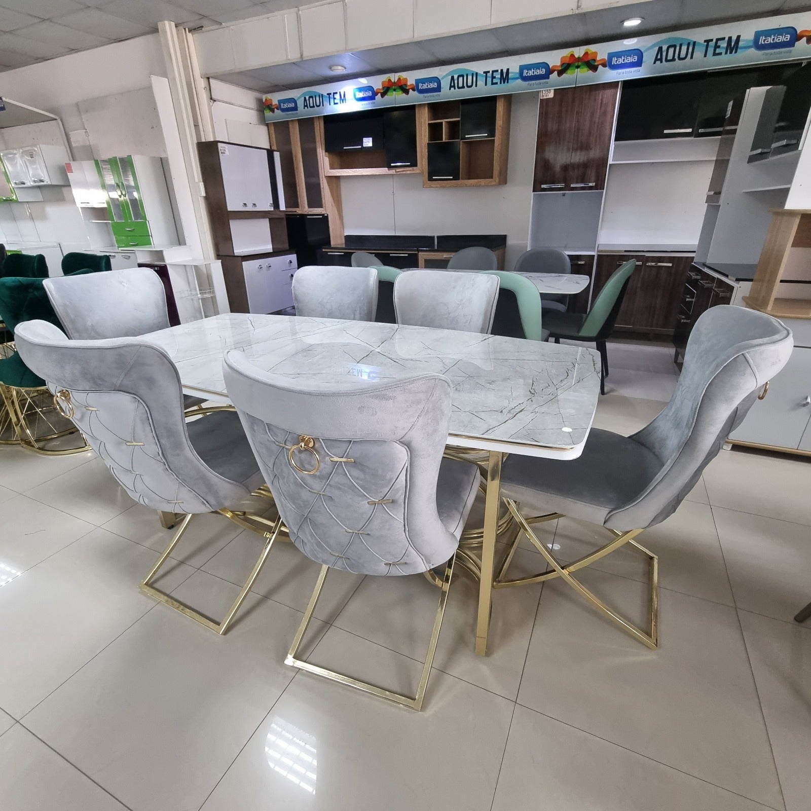 G-ES065 White Gray Glass Marble Top Dining Table