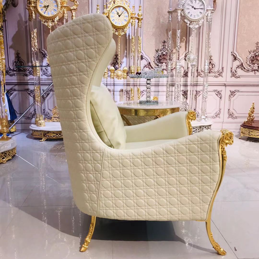White Leather Accent Chair with Gold Trimming - Image 2