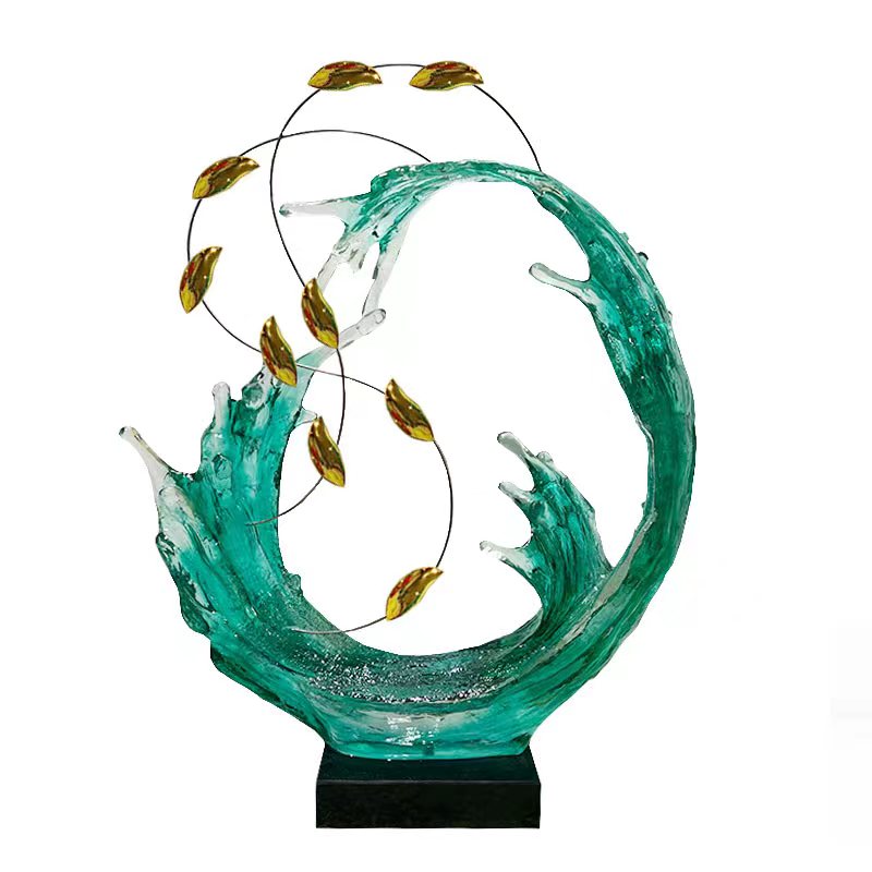 Green Wave Fish Splash Resin Sculpture - Image 2