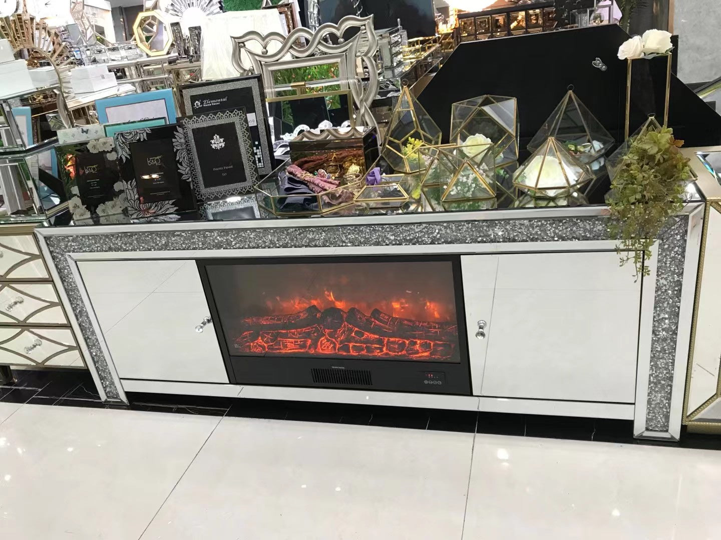 SILVER MIRROR FIRE PLACE TV STAND CONSOLE