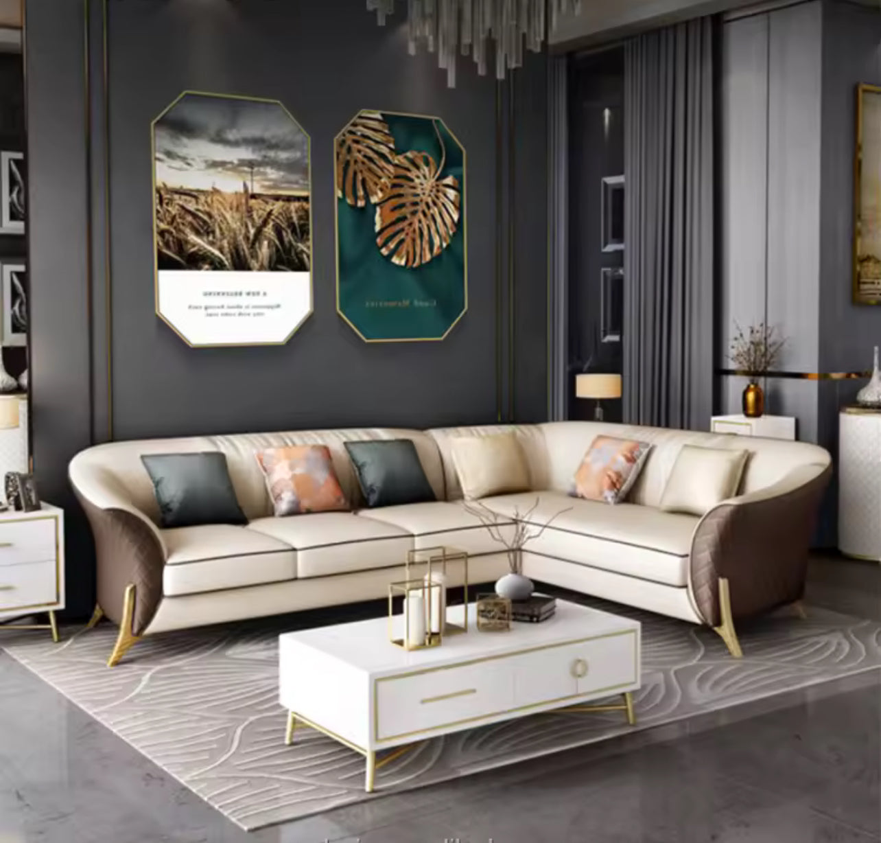 GG-Curvy Brown & Cream Modern Sectional Sofa - Image 3
