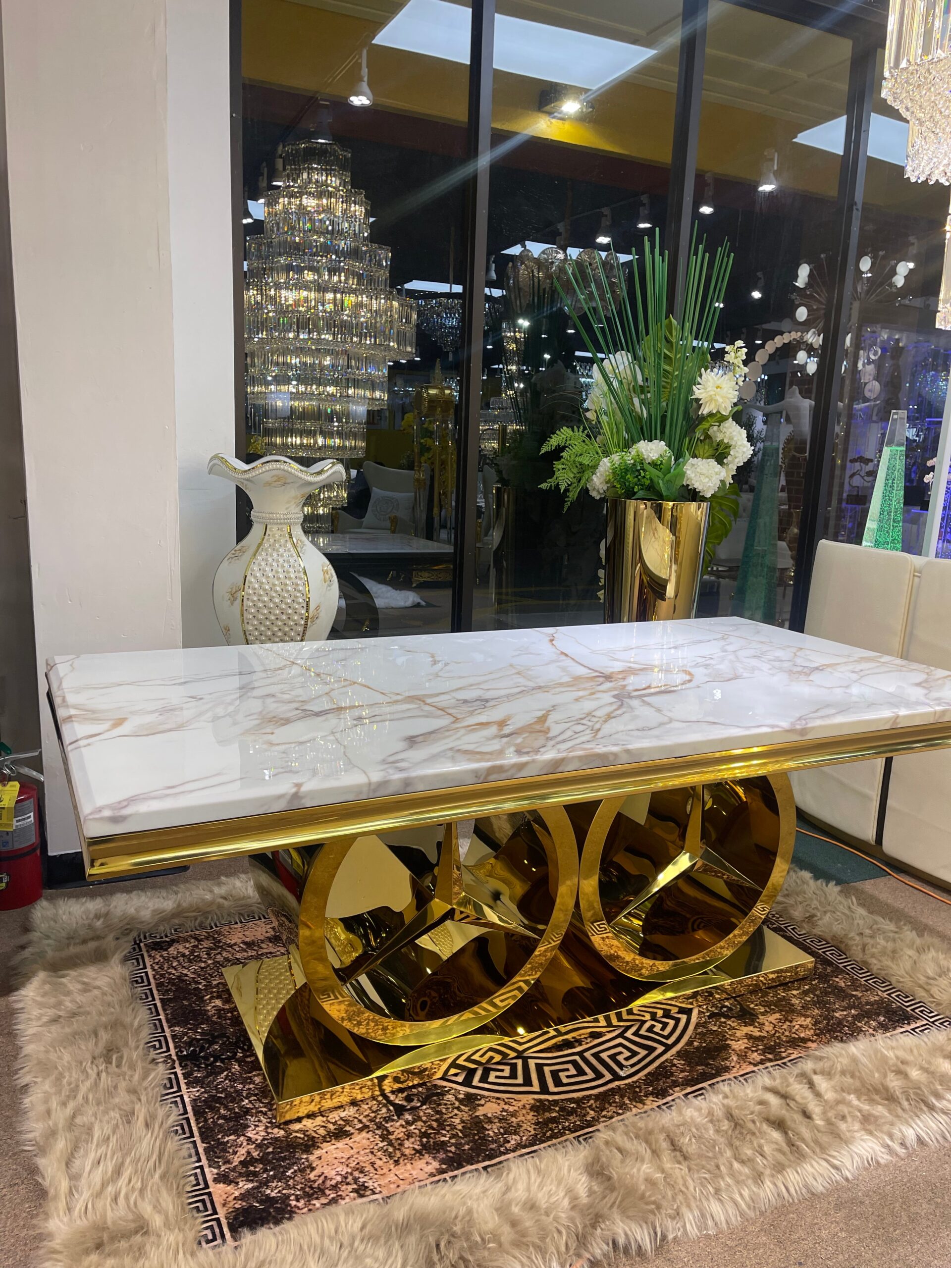 White Benz Modern Marble Dining Table & 6 Beige Chair Settee - Image 8