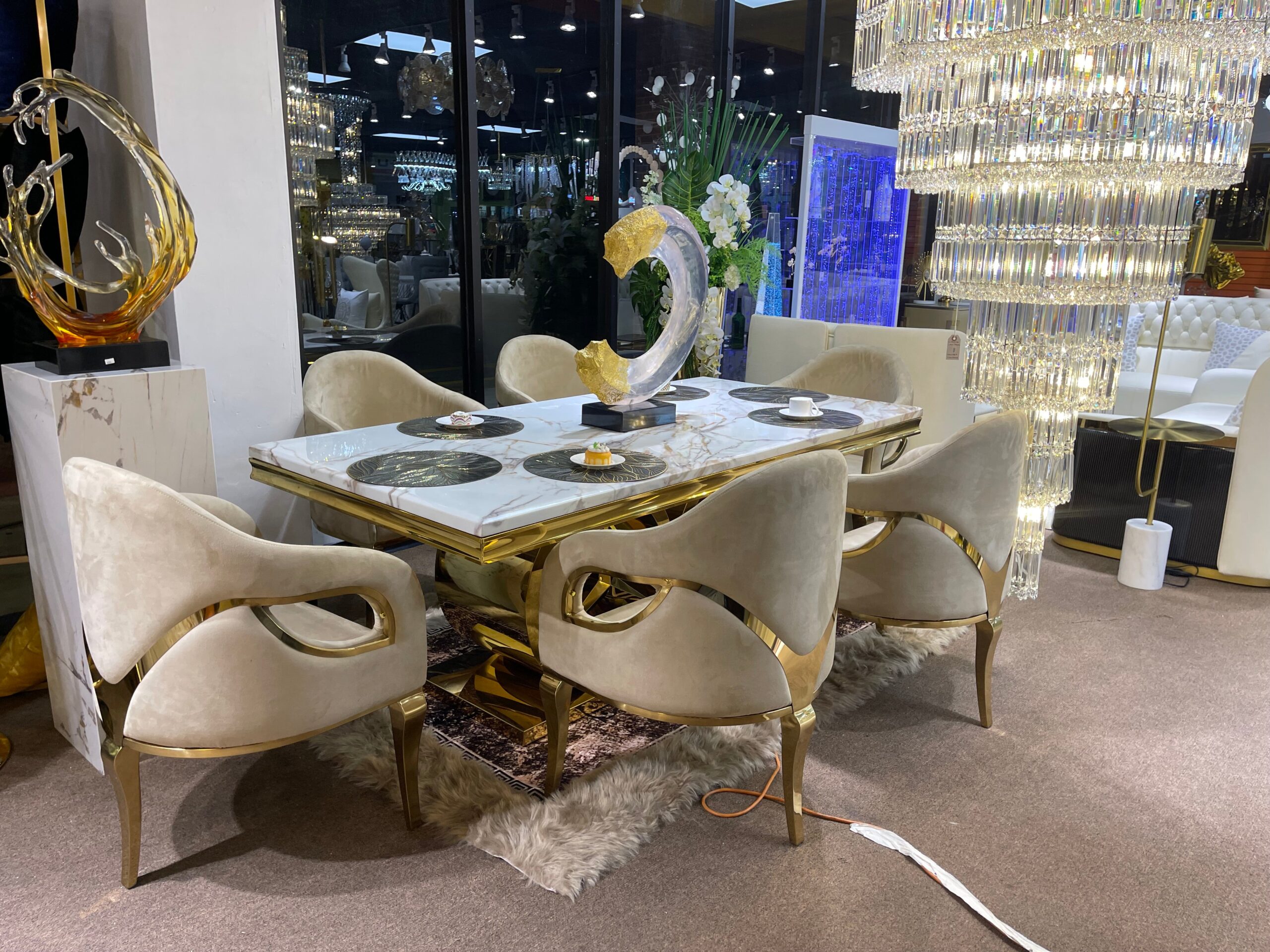 White Benz Modern Marble Dining Table & 6 Beige Chair Settee - Image 3