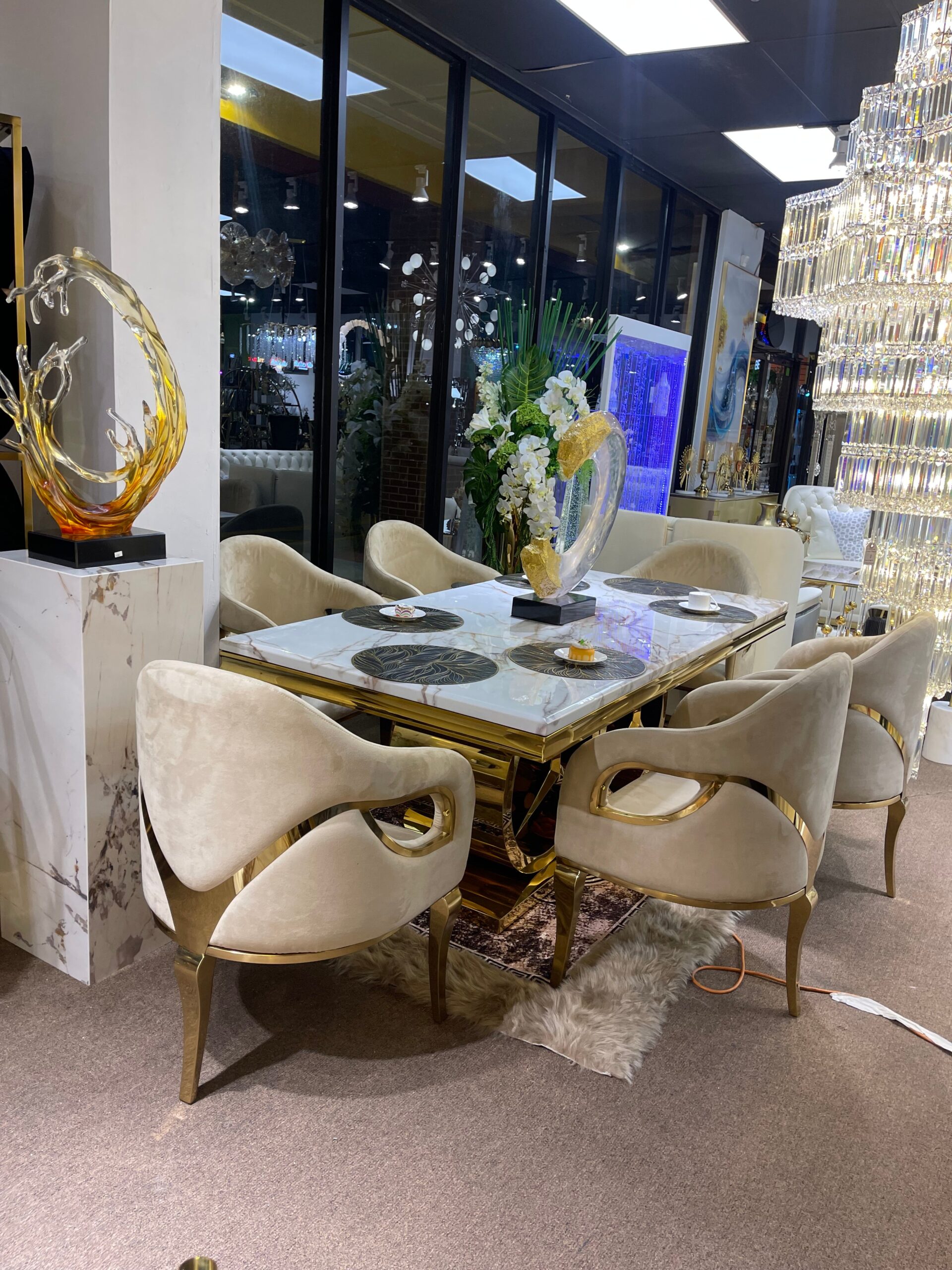 White Benz Modern Marble Dining Table & 6 Beige Chair Settee - Image 4
