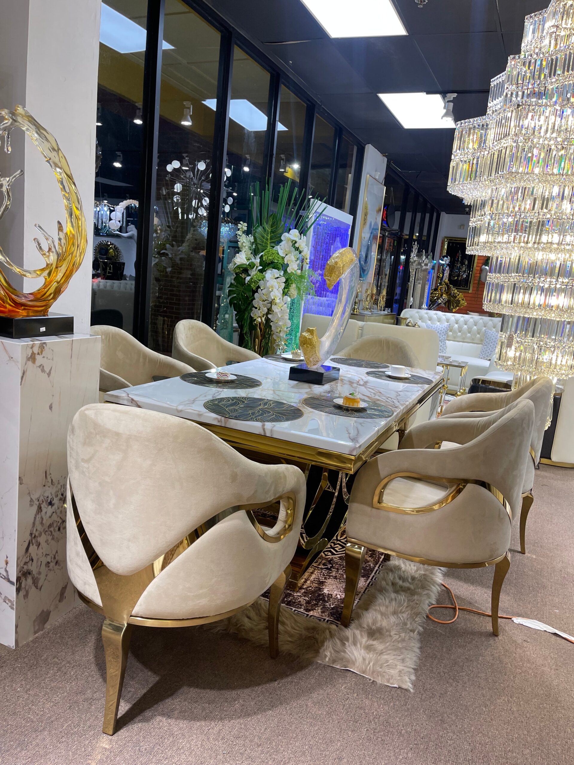 White Benz Modern Marble Dining Table & 6 Beige Chair Settee - Image 5