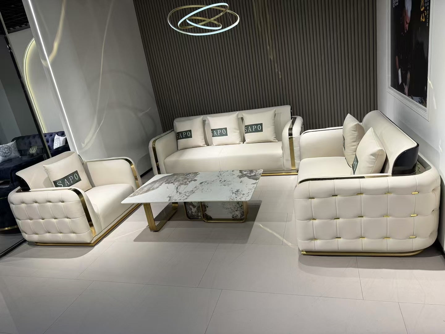 Cream/Beige Modern Leather Living Room Sofa Settee - Image 2