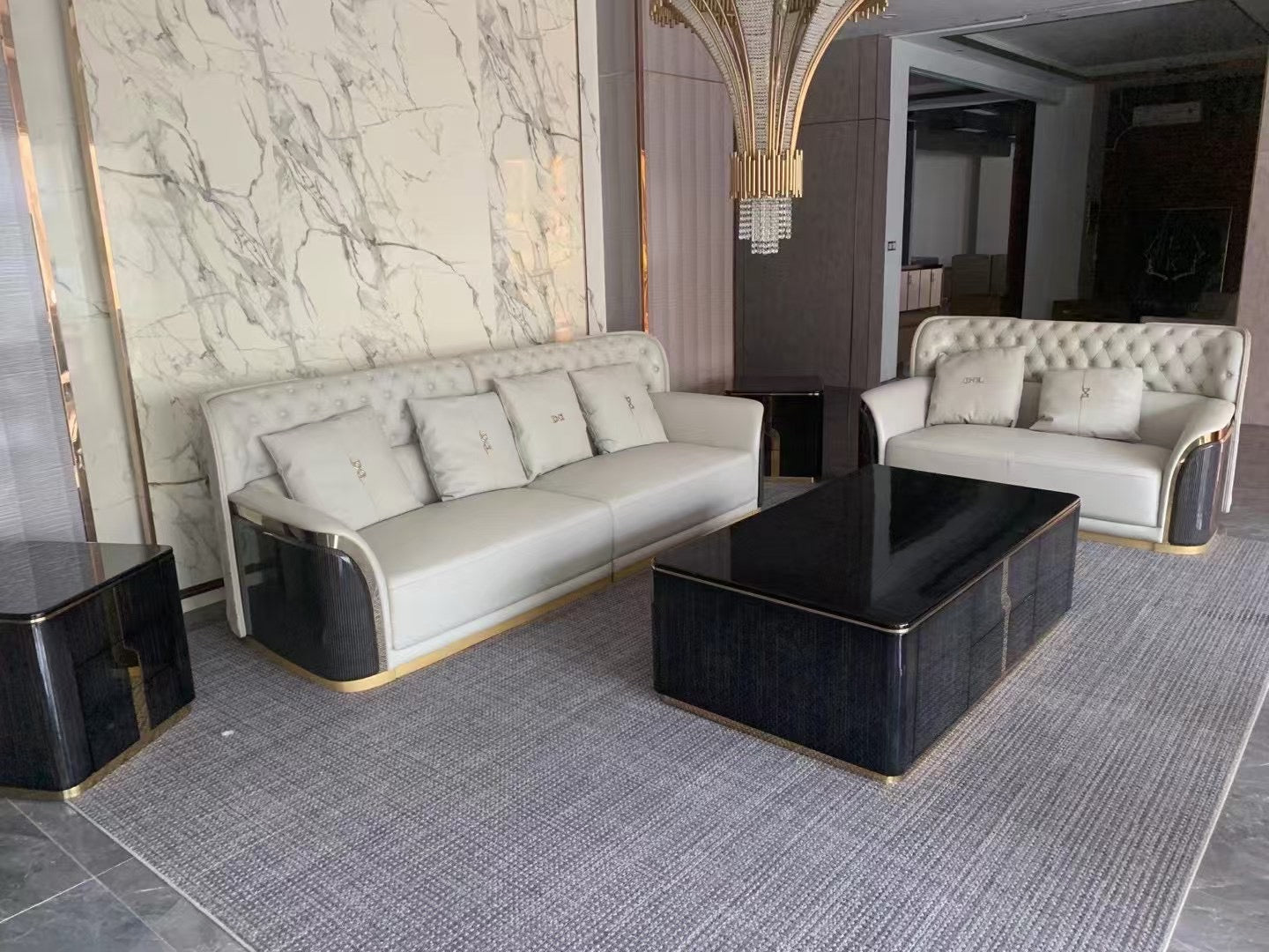 GG-Cream/Black with High Back Modern Leather Living Room Sofa Settee - Image 2
