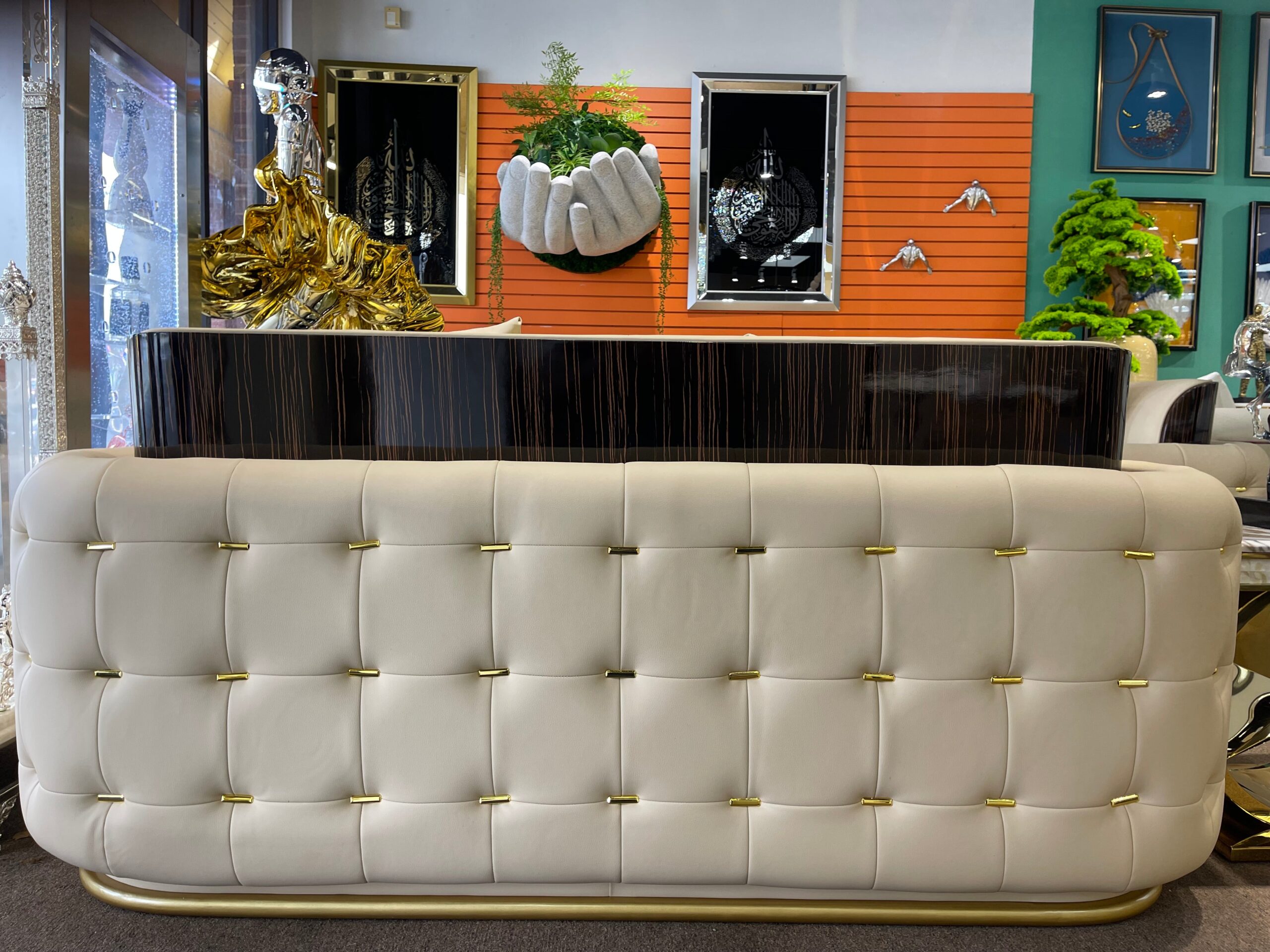 Cream/Beige Modern Leather Living Room Sofa Settee - Image 3