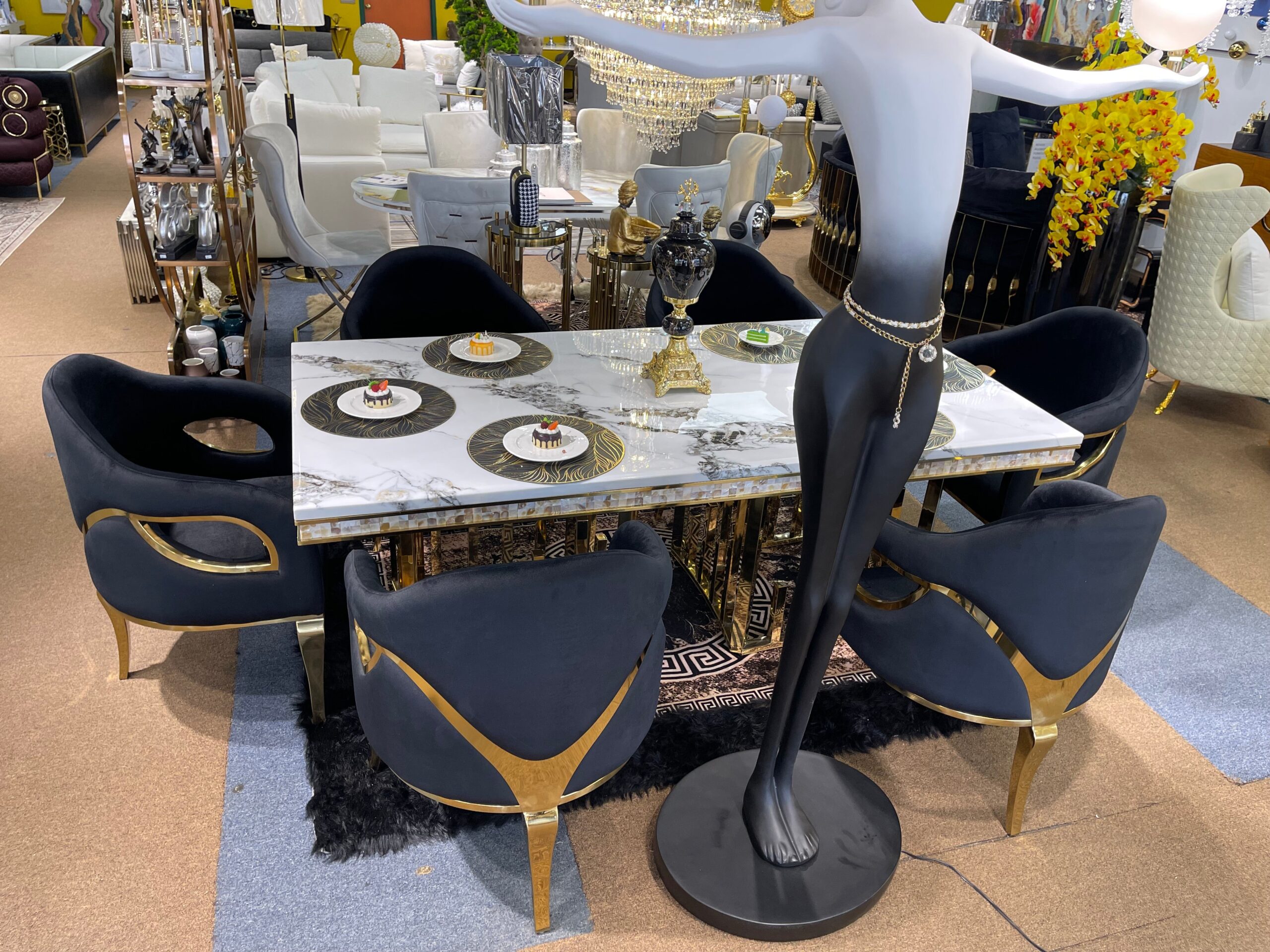 White Modern Marble Dining Table & Black Chair Settee - Image 6