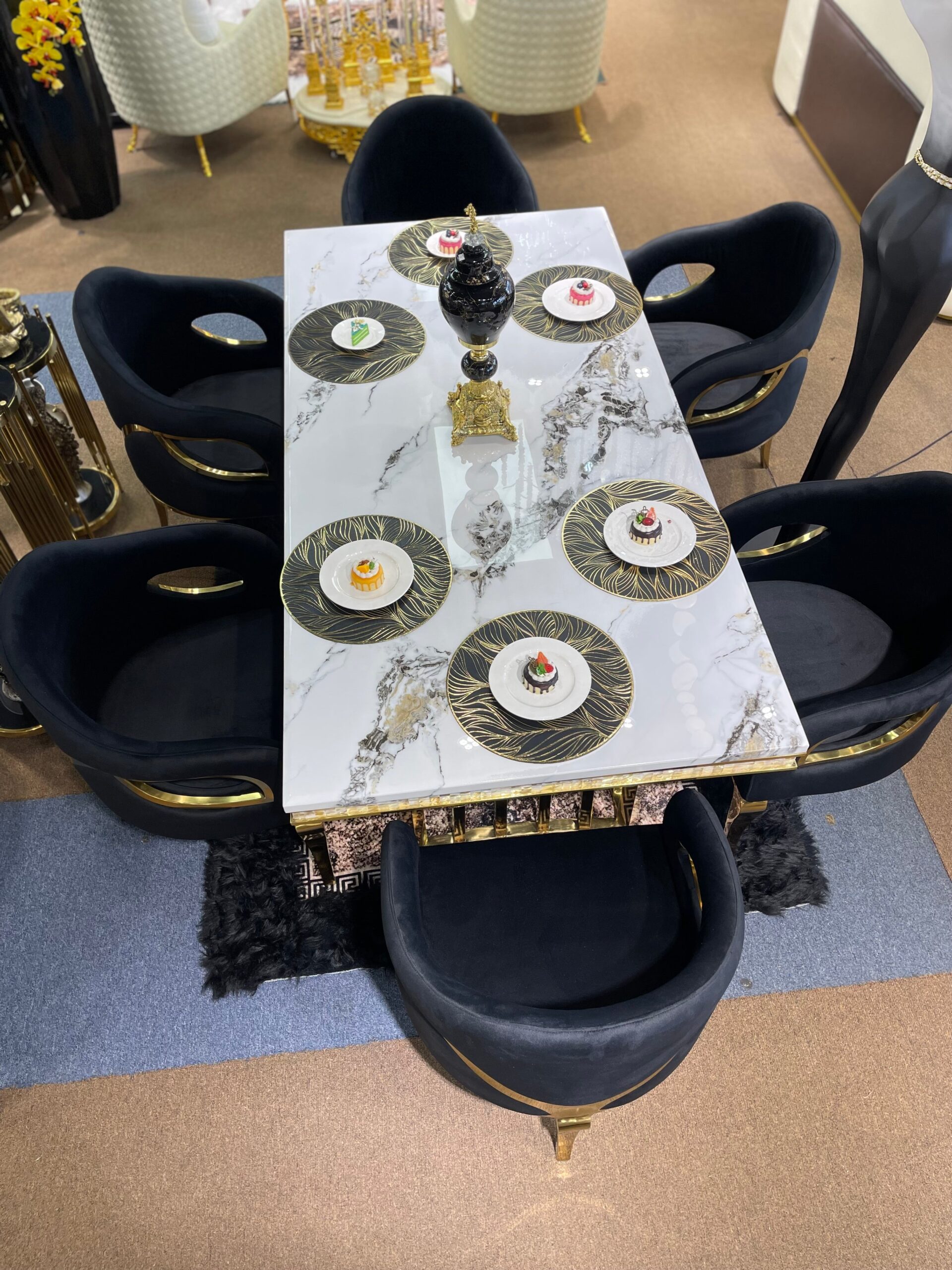 White Modern Marble Dining Table & Black Chair Settee