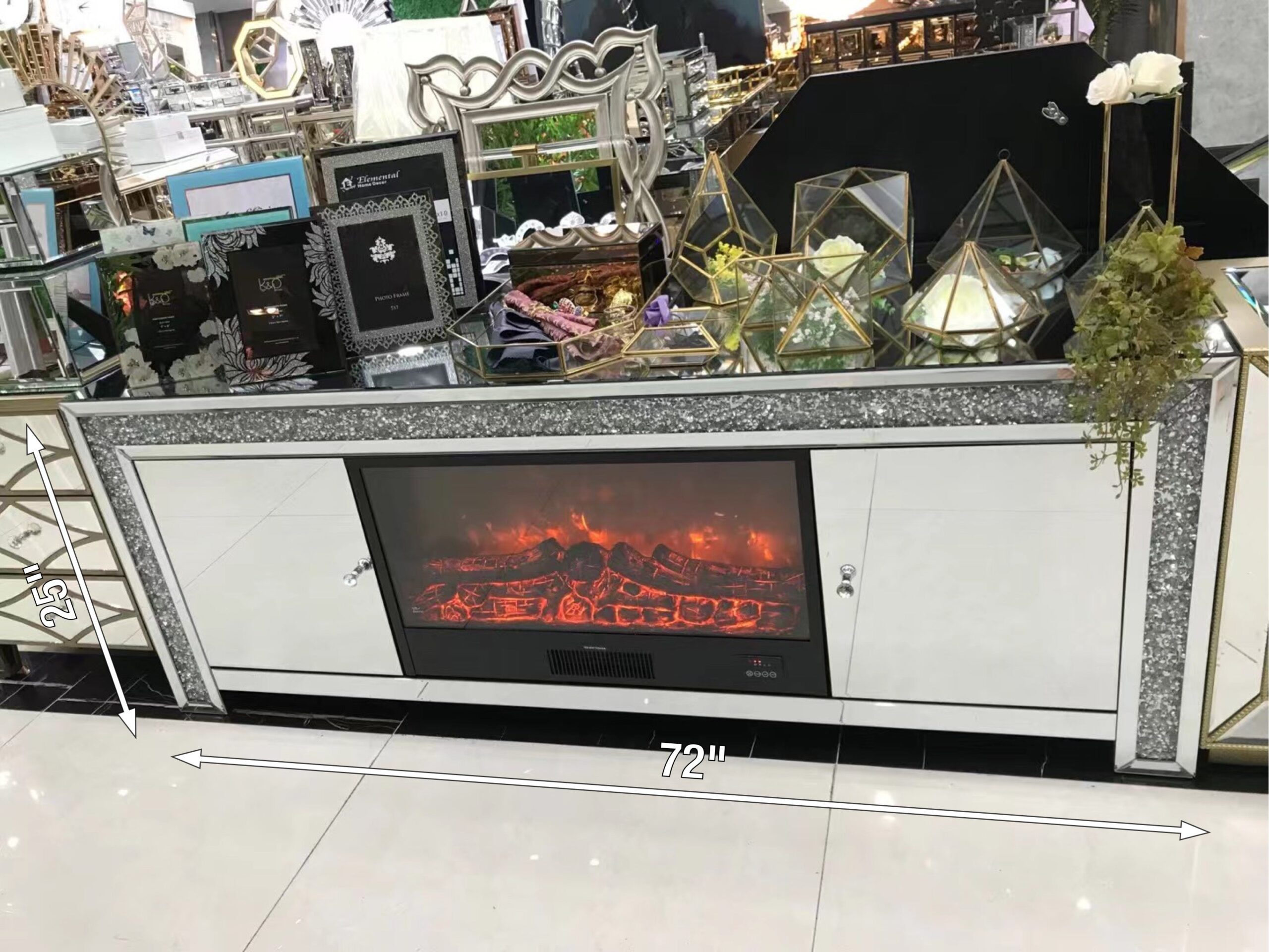 SILVER MIRROR FIRE PLACE TV STAND CONSOLE - Image 2