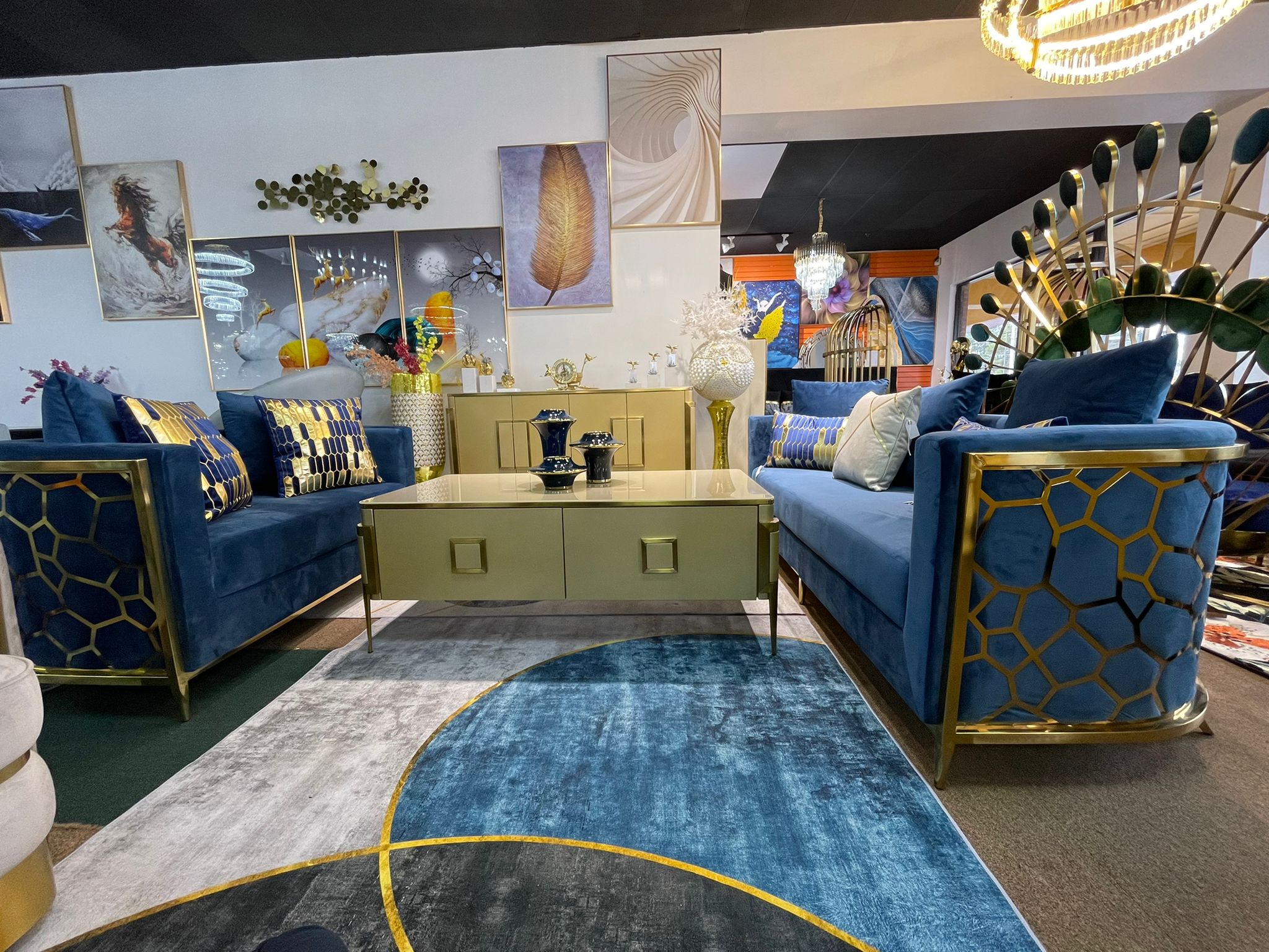 Blue With Gold Sofa Living Room Set - Image 3