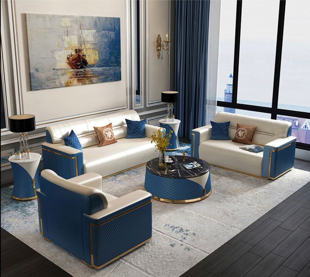 GL- Blue & Cream Living Room Settee