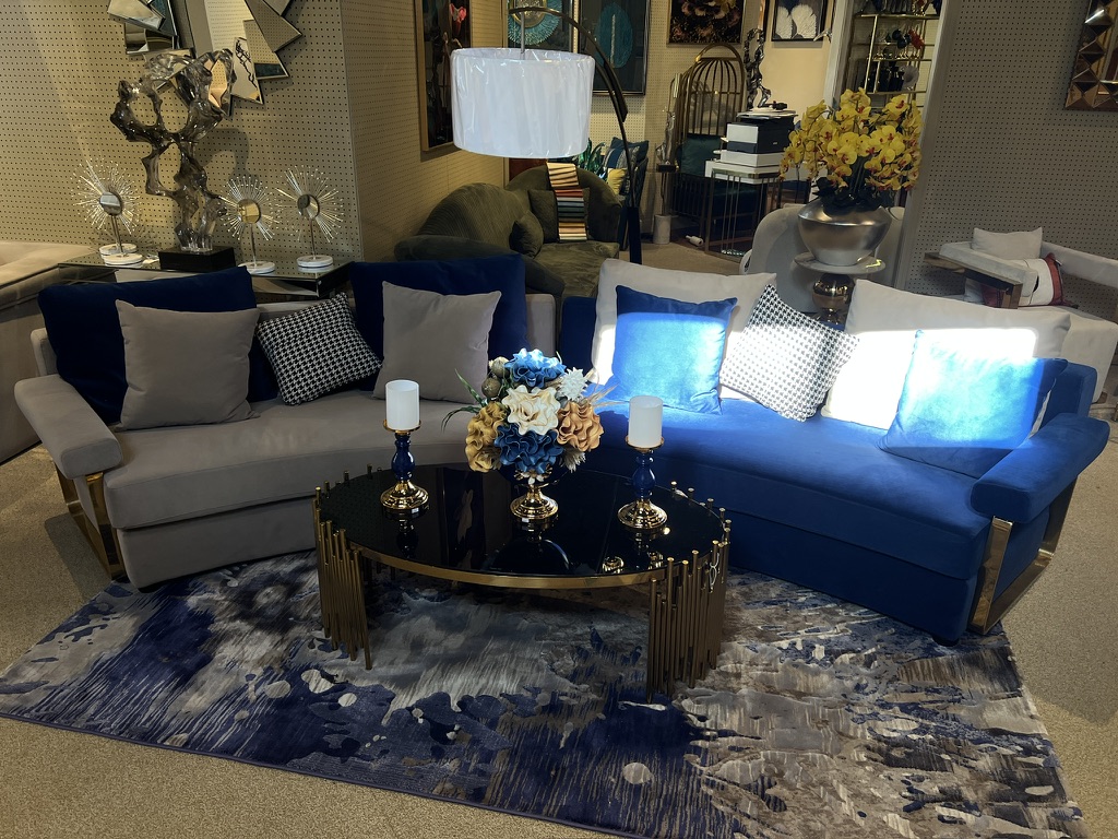 Blue and Light Gray Sectional — showroom photograph